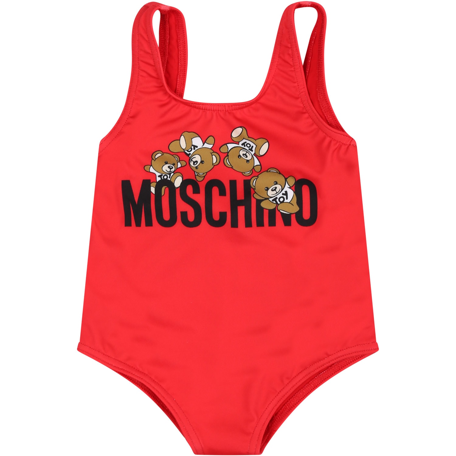 Moschino Red One-piece Swimsuit For Baby Girl With Logo And Teddy Bear