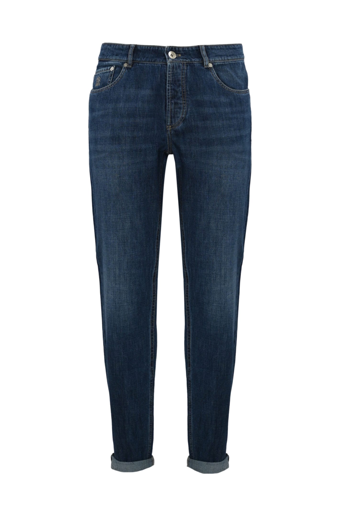 Shop Brunello Cucinelli Jeans With Logo Embroidery In Denim Scuro Old