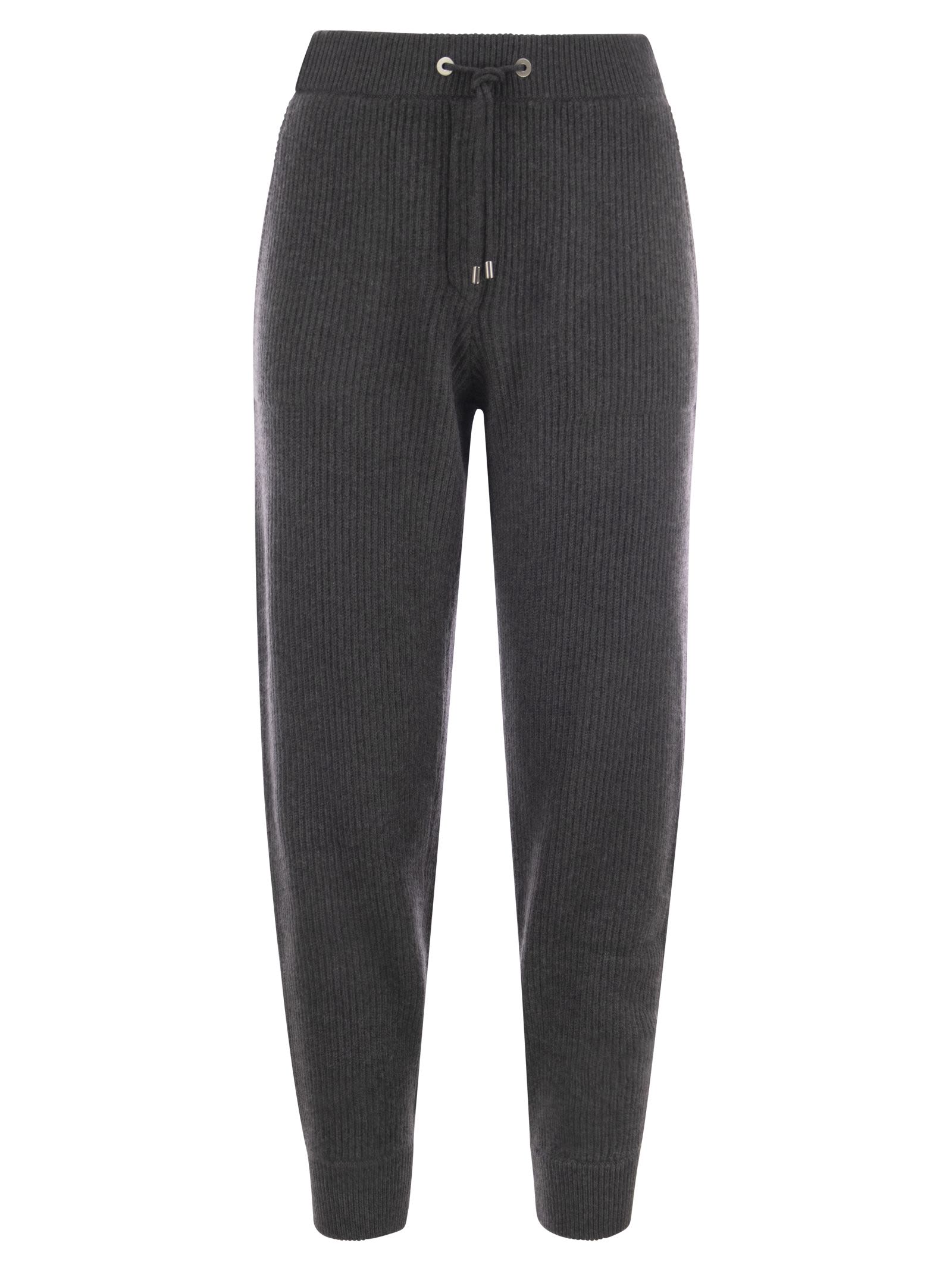 BRUNELLO CUCINELLI COTTON ENGLISH RIB KNITTED TROUSERS WITH SHINY TAB POCKET