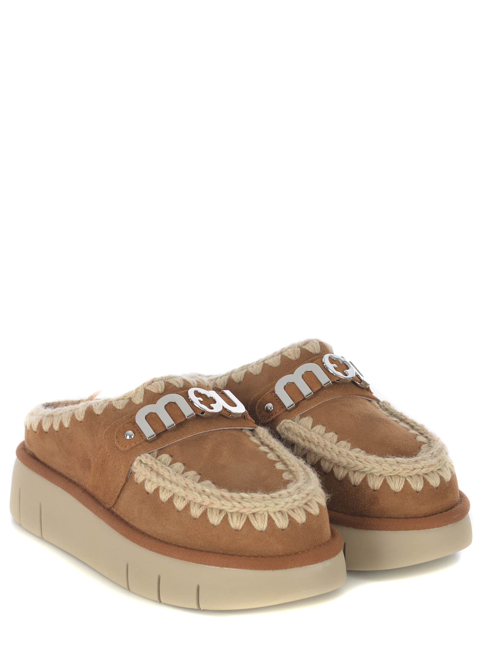 Shop Mou Slippers  Bounce Clog Metal Logo Made Of Suede In Brandy