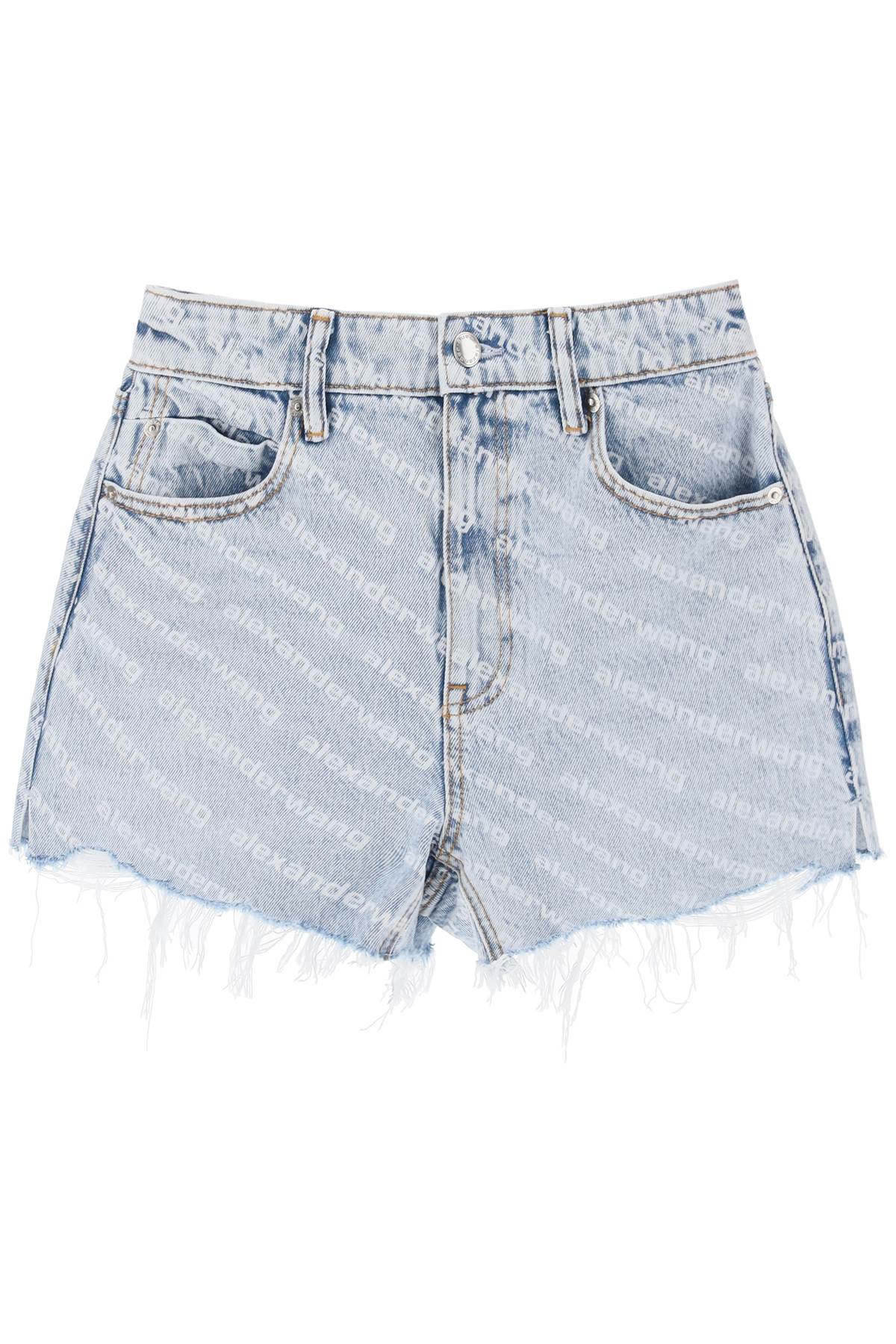 Shop Alexander Wang Logo Printed Denim Shorts In Pebble Bleach (blue)