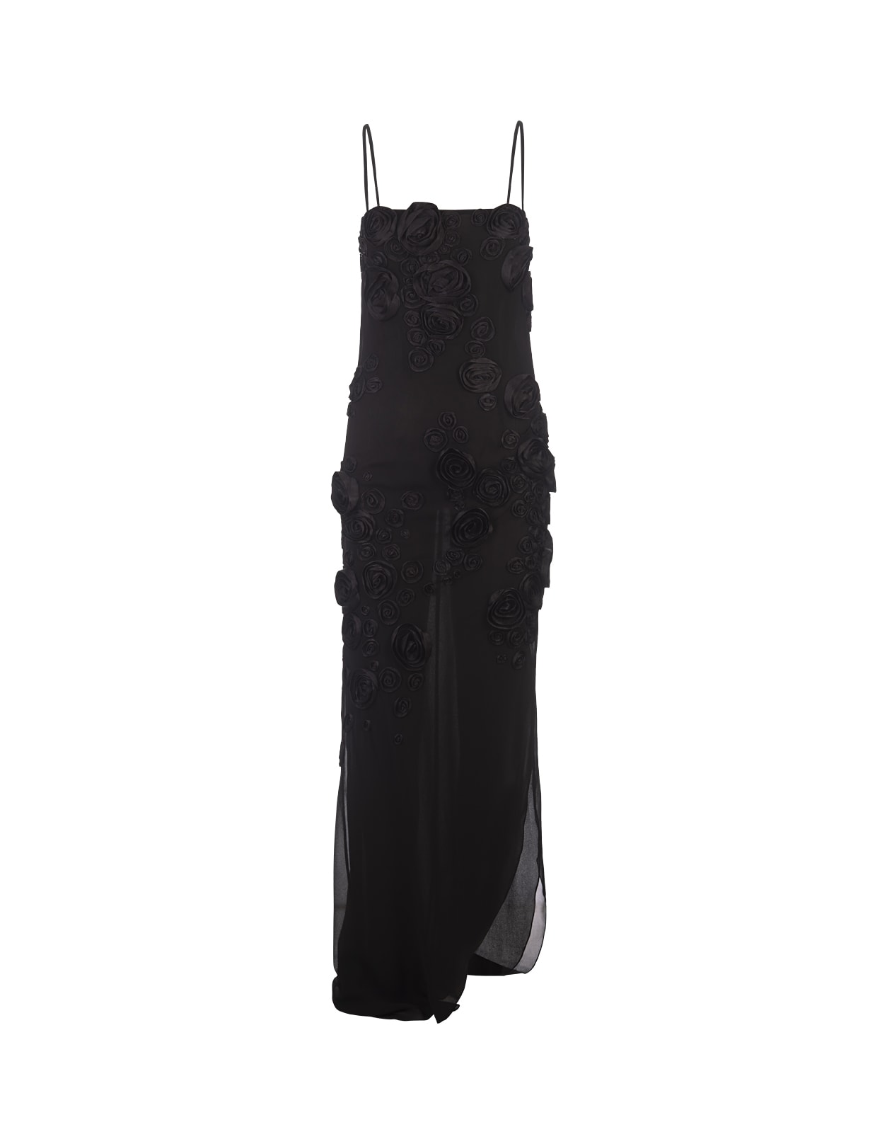 Shop Blumarine Long Black Dress With Rose Embroidery