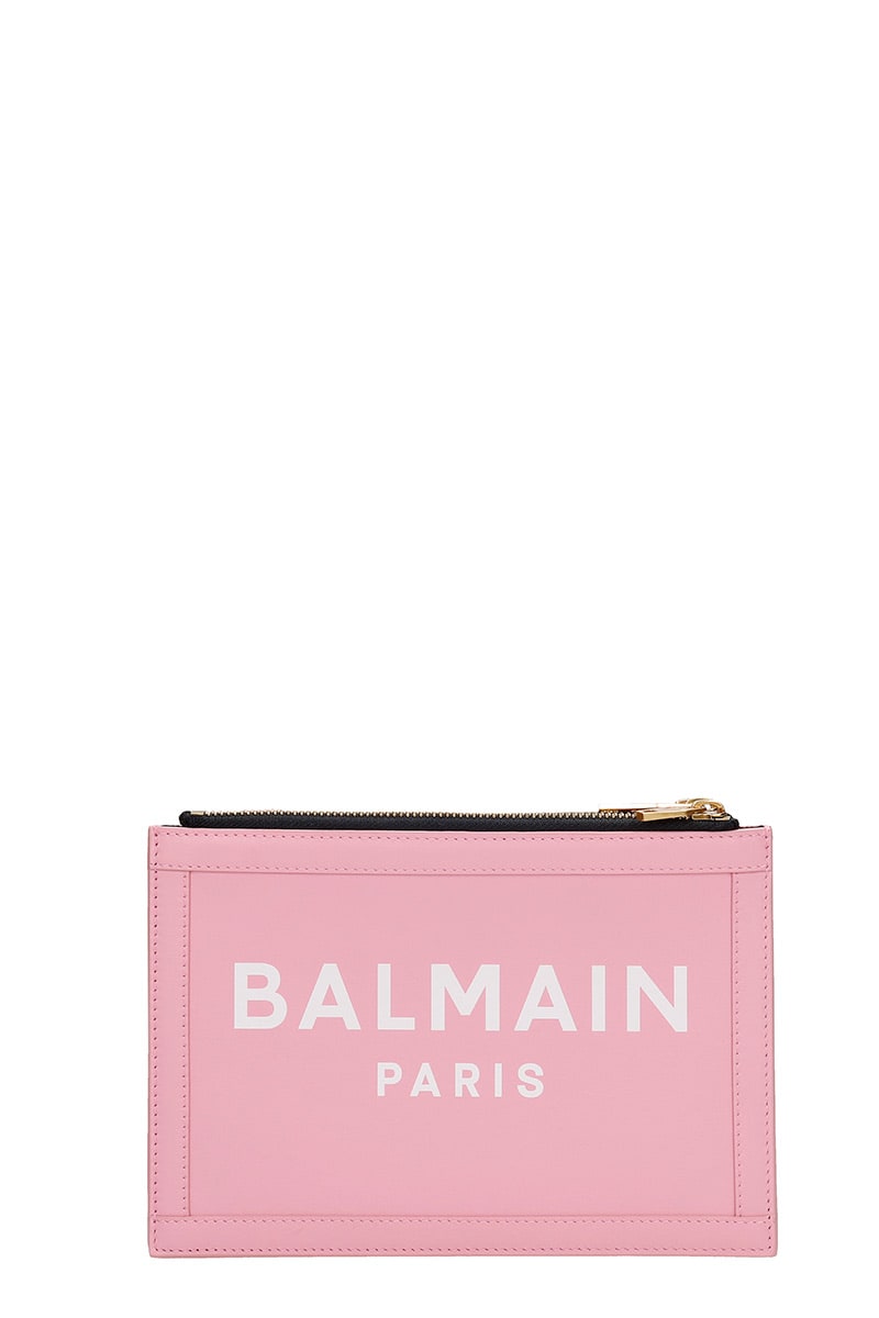 Balmain Three Pouches Clutch In Rose-pink Leather