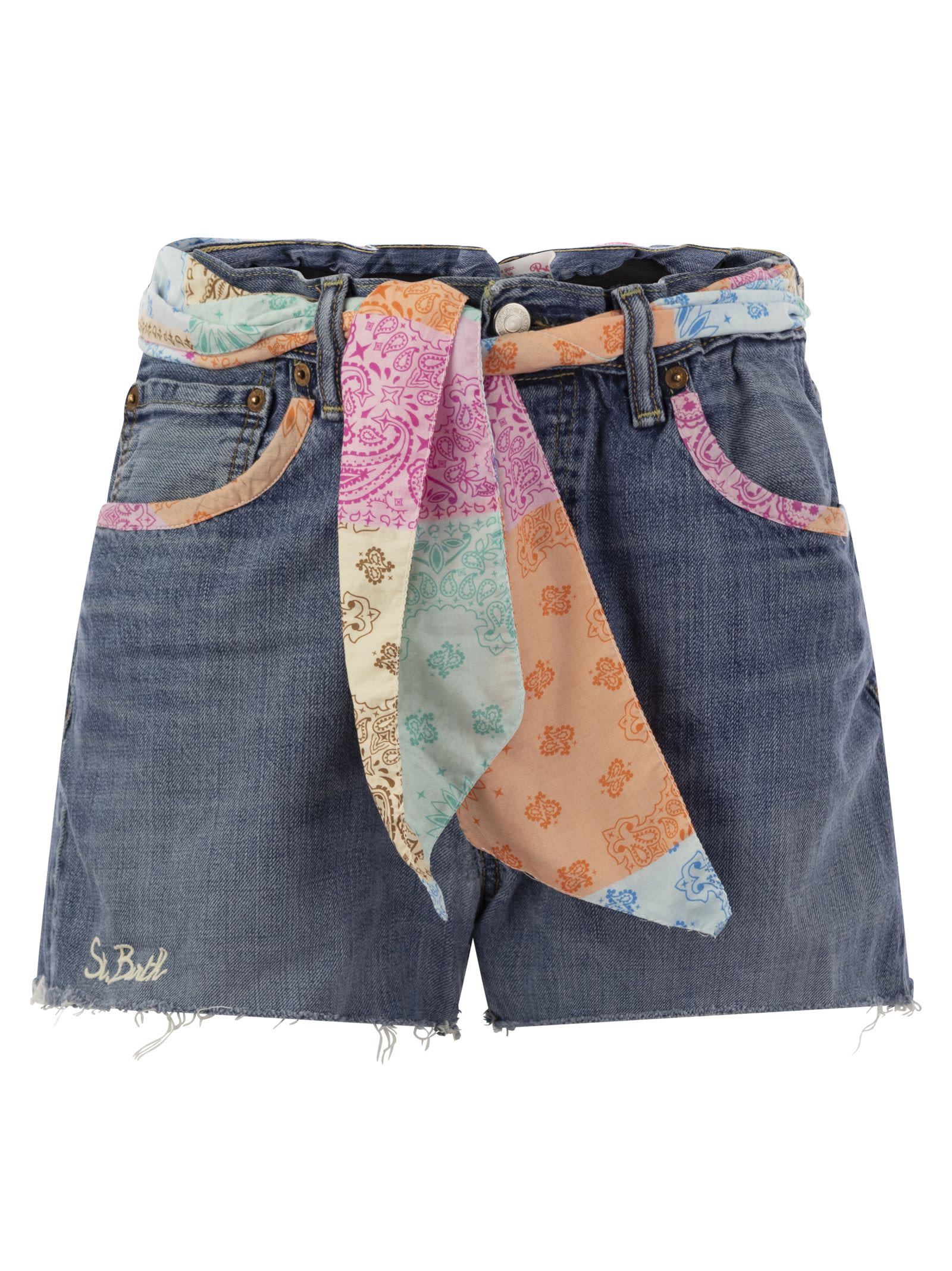 Denim Shorts With Belt And Patches