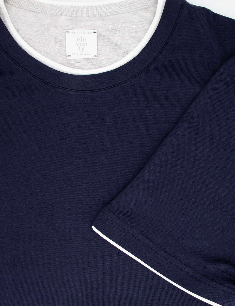 Eleventy Black Crewneck T-shirt With Layered Collar In Cotton Man In Blu/grigio/bianco