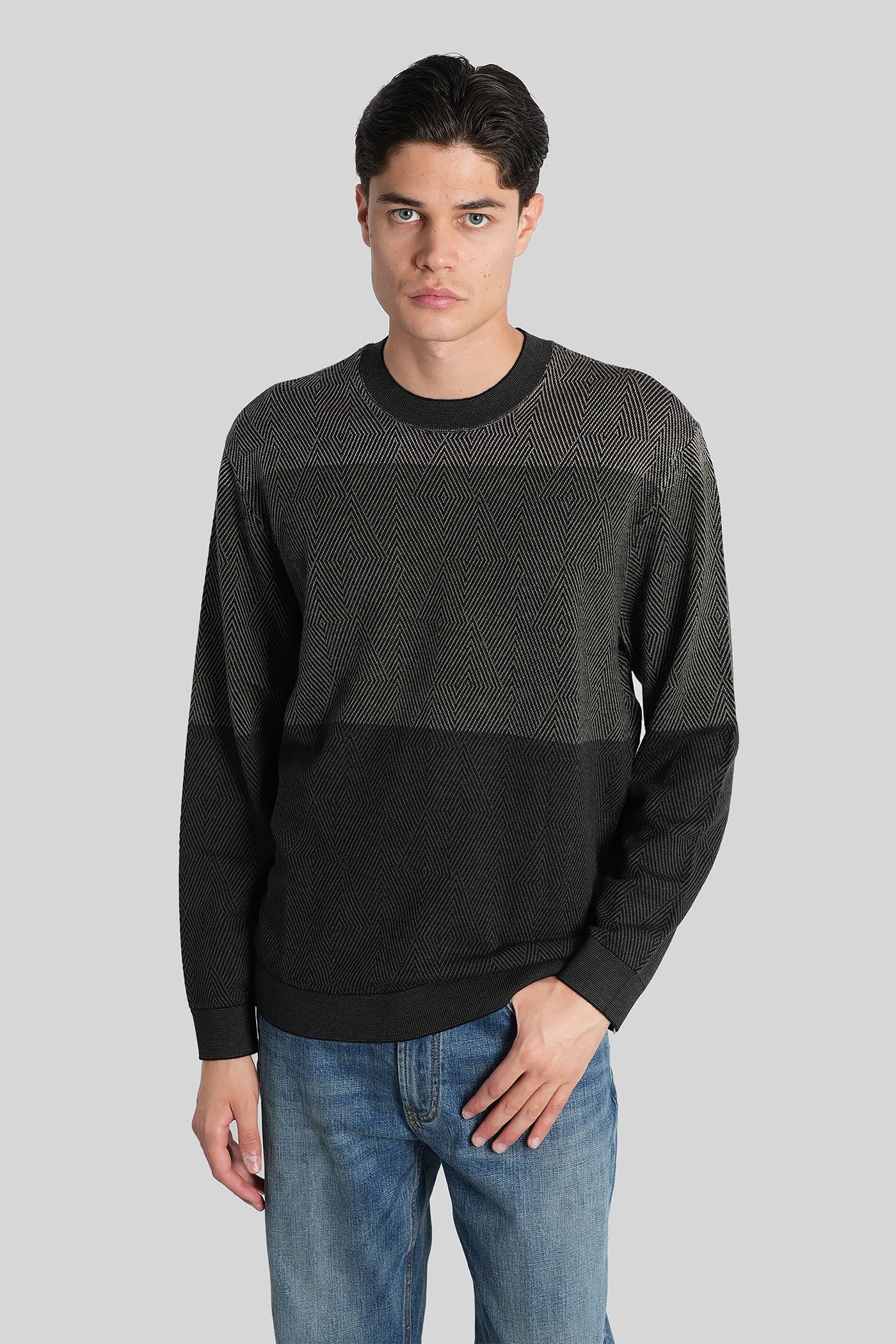 Emporio Armani Virgin Wool Jumper With Micro Jacquard Op-art Diamonds In Multi