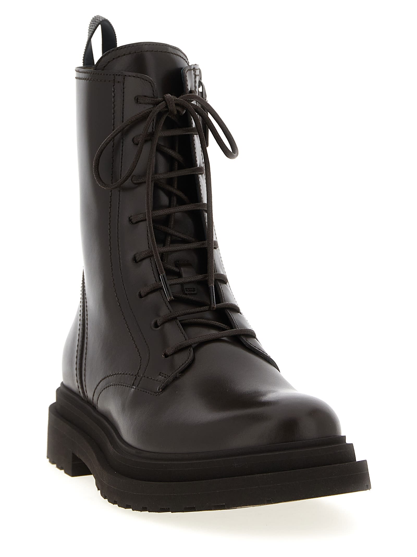 Brunello Cucinelli Shiny Loop Detail Combat Boots In Brown