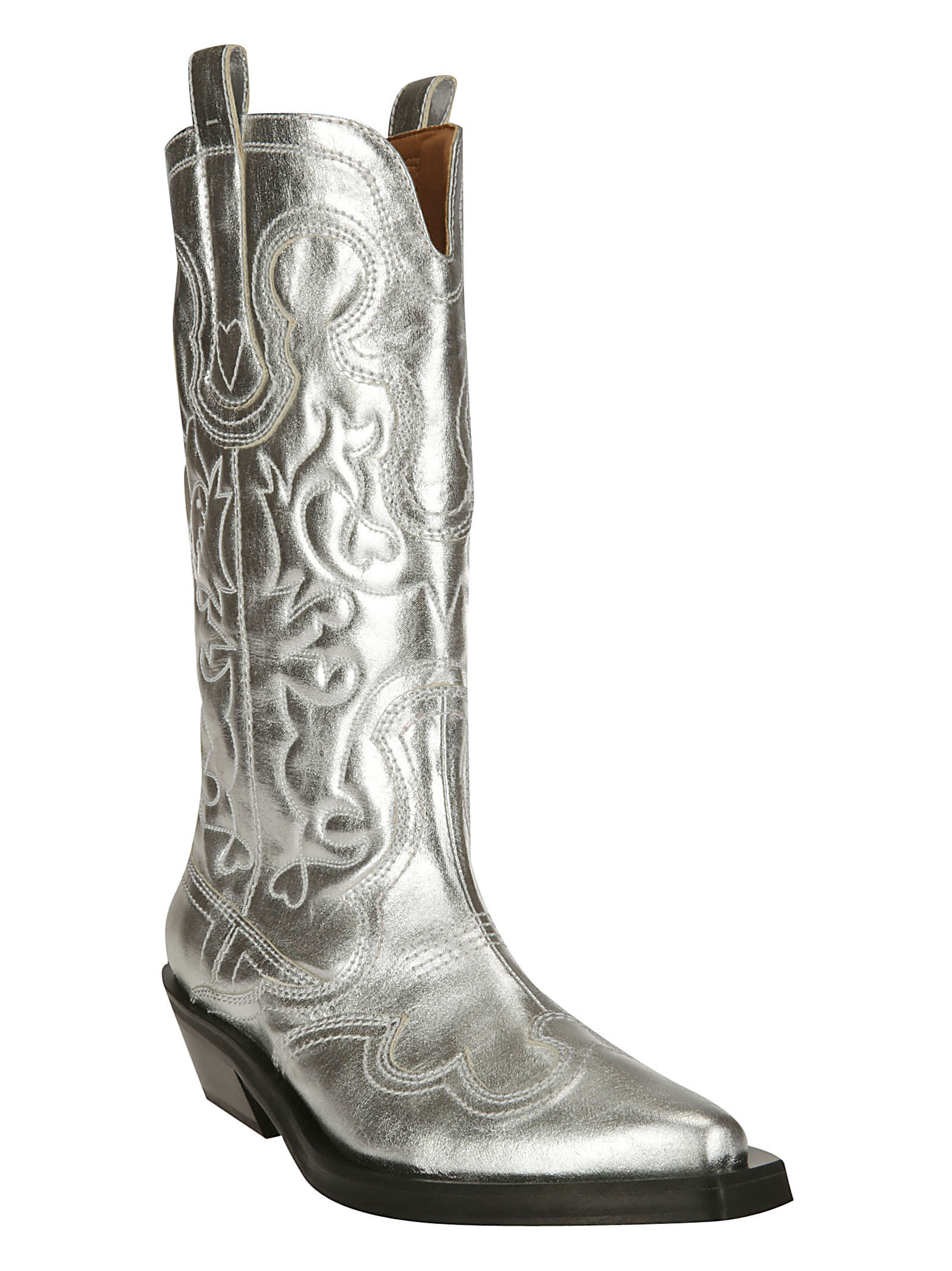 Shop Ganni Mid Shaft Embroidered Western In Silver