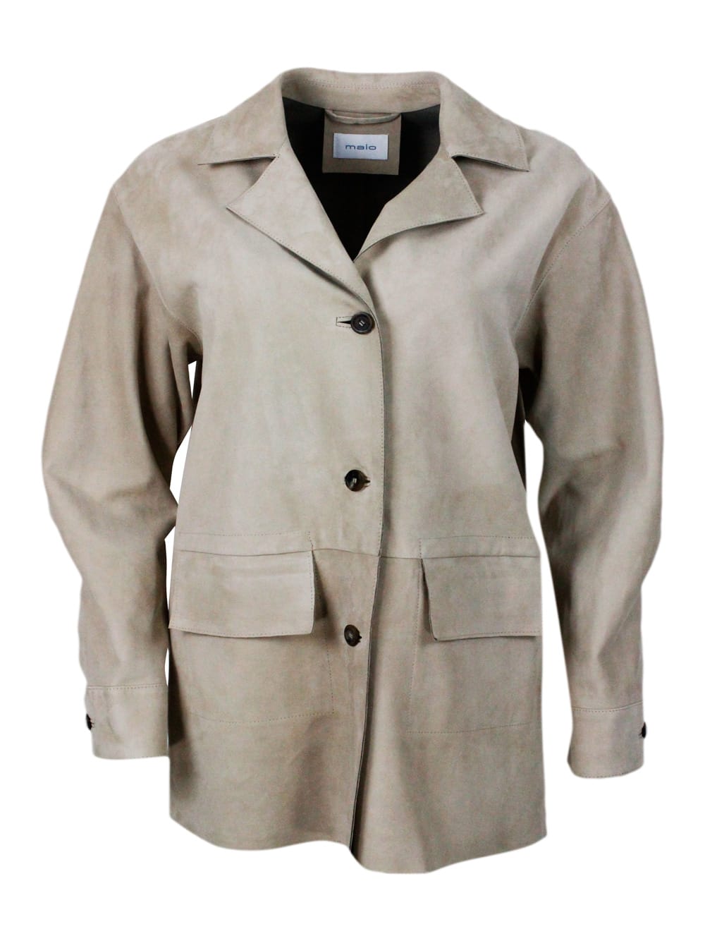 Shop Malo Relaxed Fit Soft Suede Jacket With Patch Pockets And Three-button Closure. In Beige