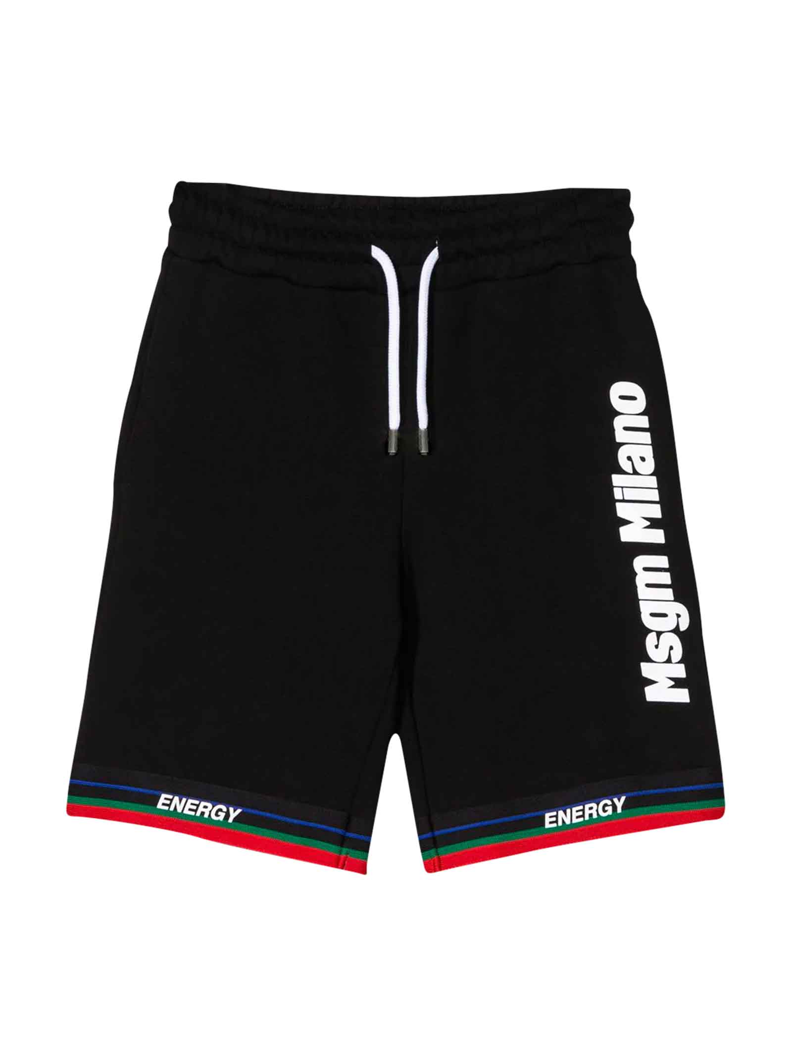 Msgm Teen Logo Print Cotton Shorts In Nera