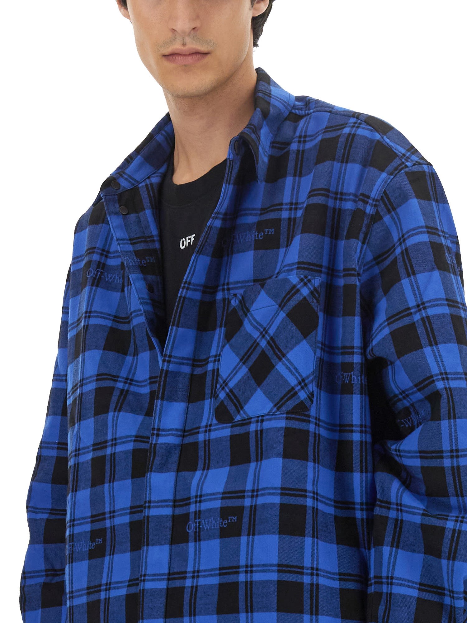 Off-white Checkered Lined Flannel Overshirt In Blue