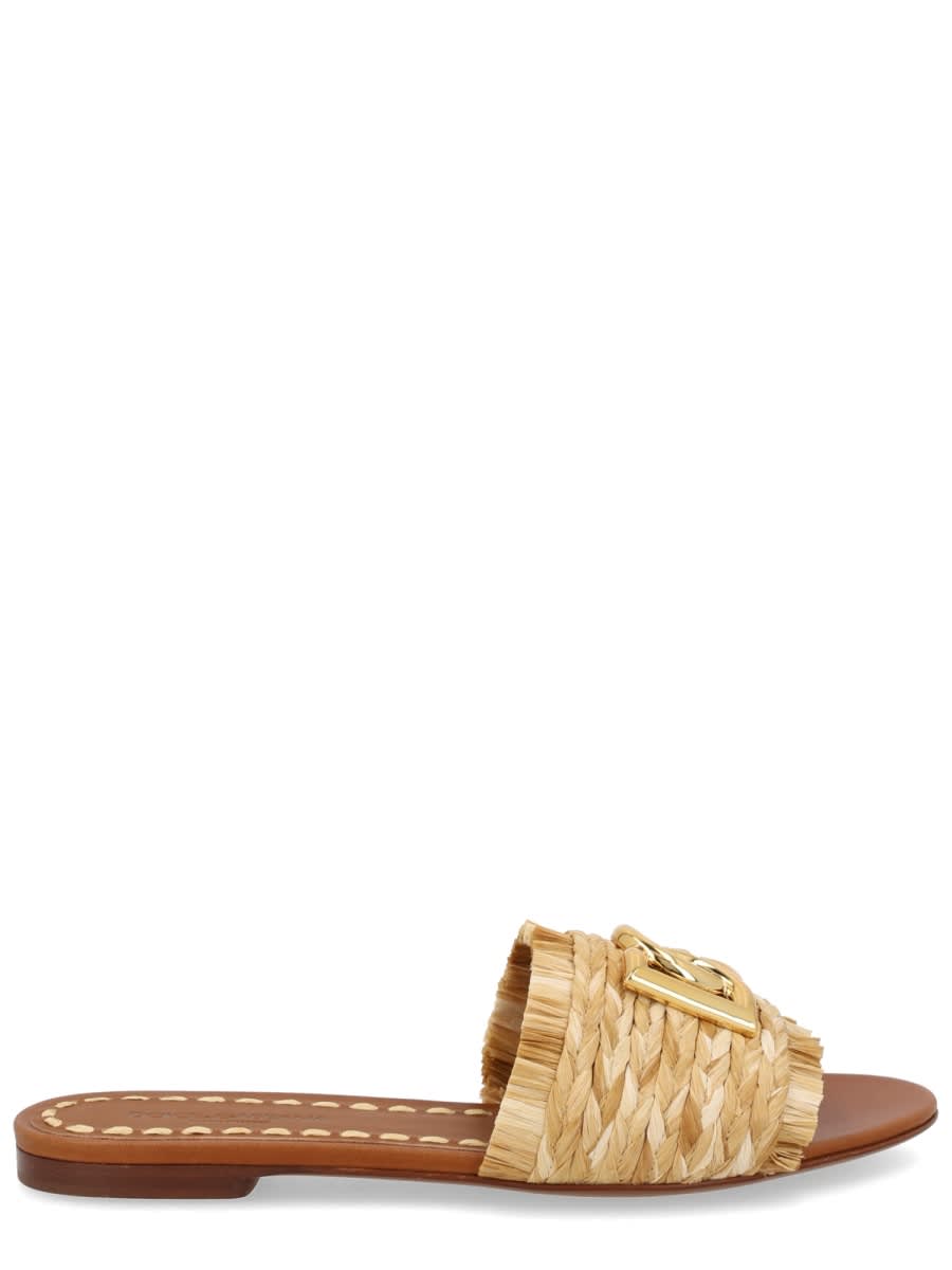 Dolce & Gabbana Ciabatte In Rafia Con Logo Oro Dolce E Gabbana In Brown