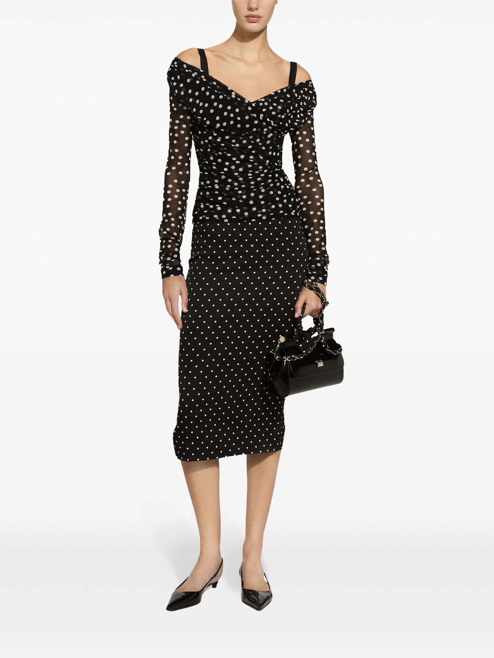 Dolce & Gabbana Stretch Tulle Top With Crossover Neckline And Polka Dot Print In White/black