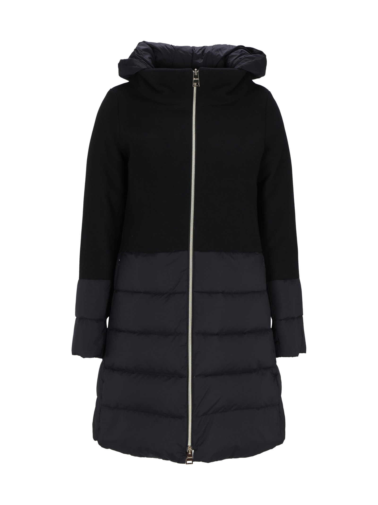 Herno Mixed Media Hooded Down Coat In Black