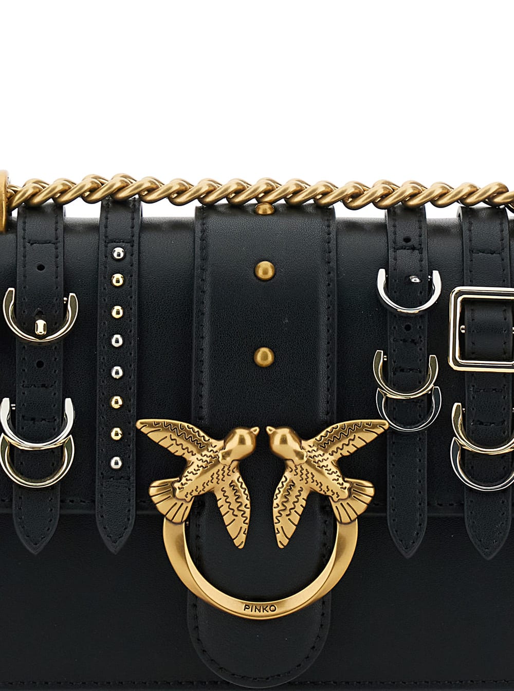 Pinko Love Leather Shoulder Bag With Straps In Black