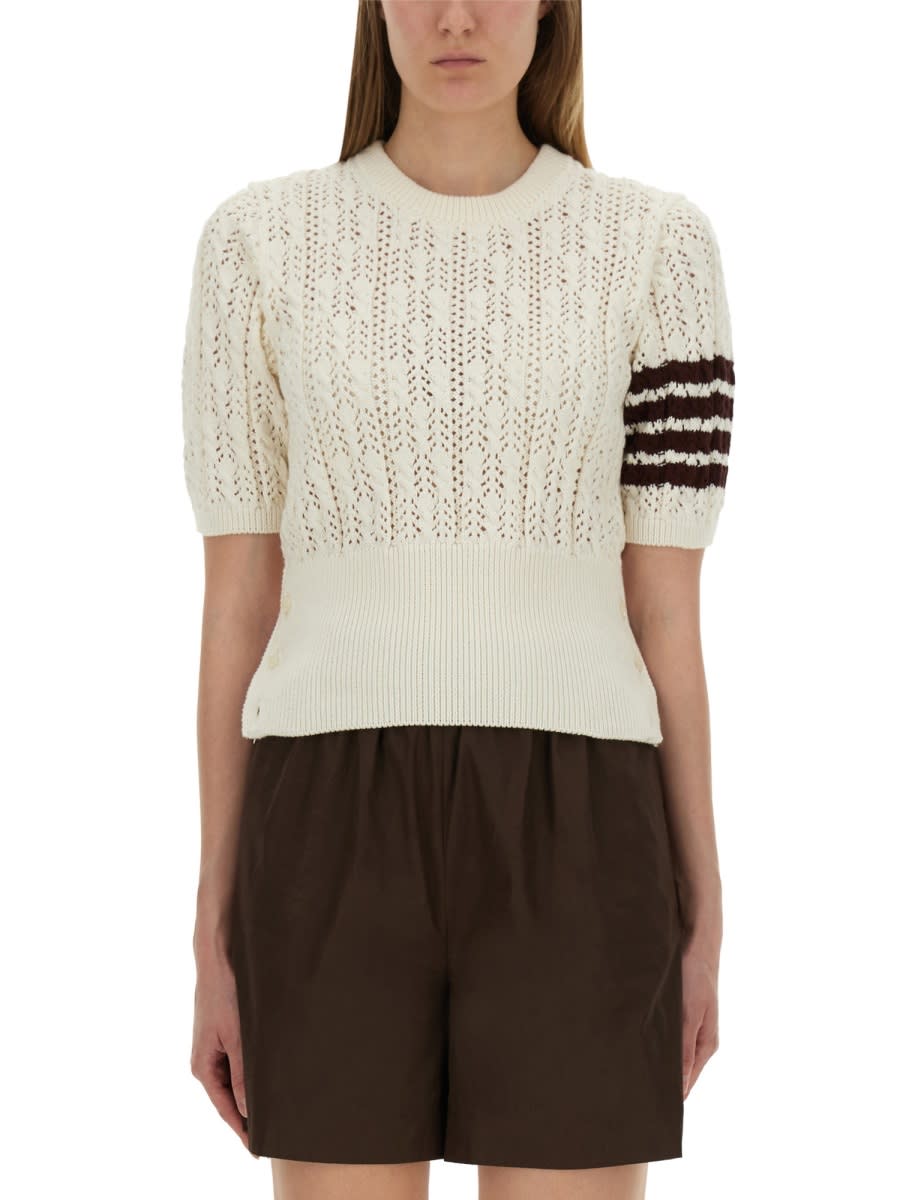 Thom Browne Womens White Pointelle Cable-knit Cotton T-shirt