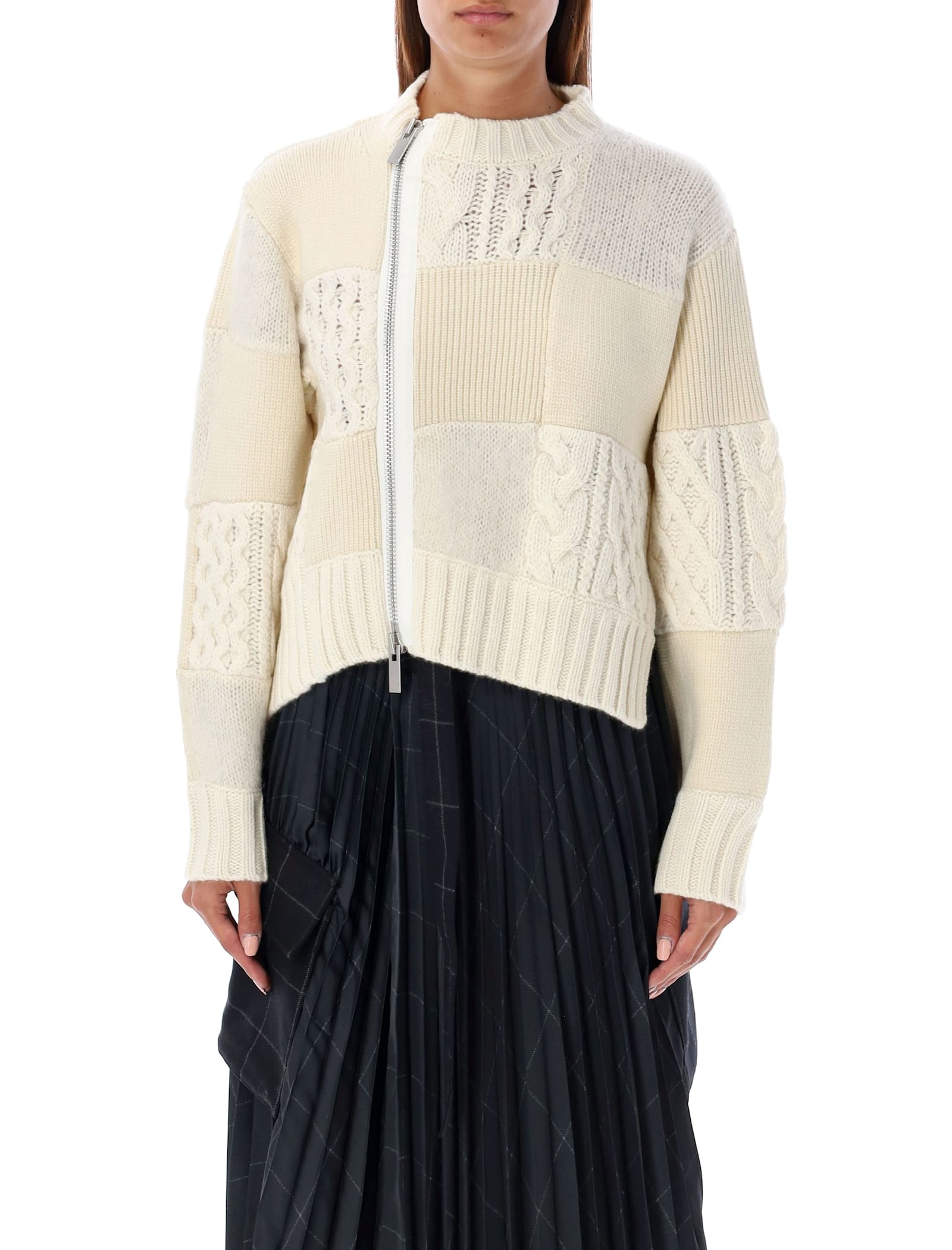 Shop Sacai Cable Knit Zippered Cardigan In Off White