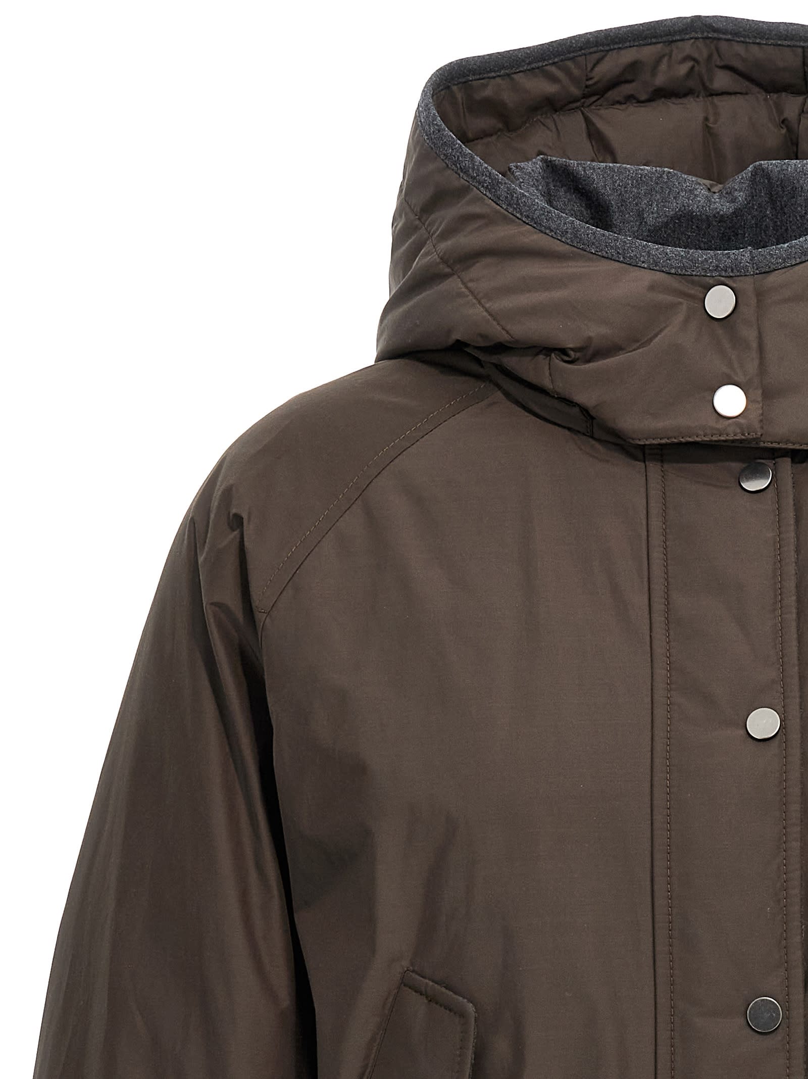 Brunello Cucinelli Green Jacket With Fixed Hood With Snap Buttons In Brown