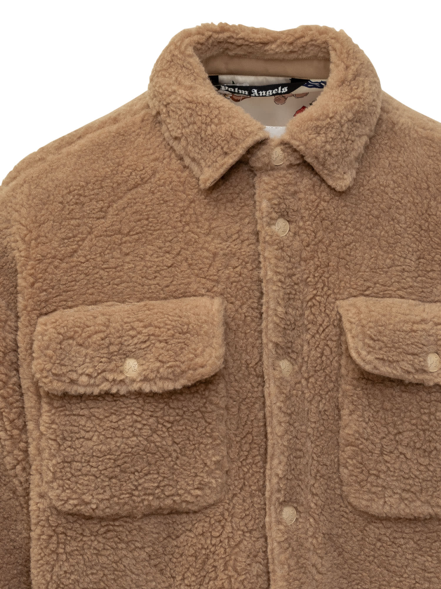 Shop Palm Angels Teddy Effect Jacket With Logo In Camel