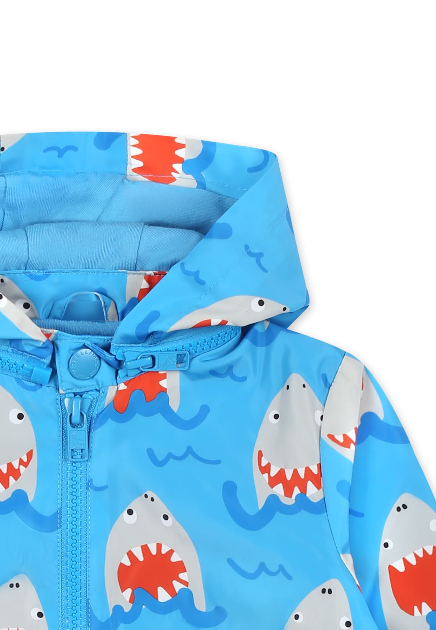 Stella Mccartney Blue Windbreaker Jacket For Baby Boy With Shark Print In Blue