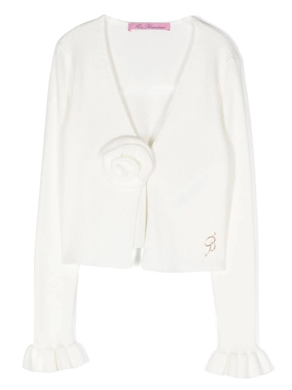 Shop Miss Blumarine White Ribbed Cardigan With 3d Rose In Bianco