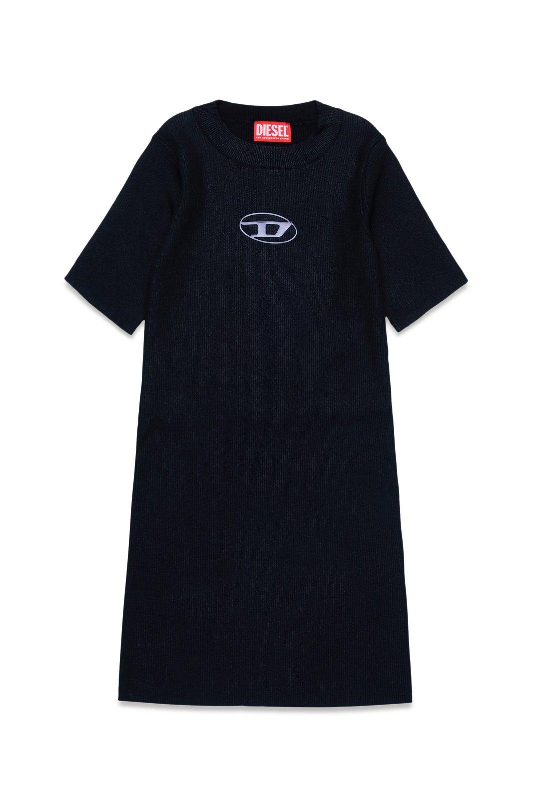 Diesel Kids' Desmi Logo Cut-out Ribbed Dress In Nero
