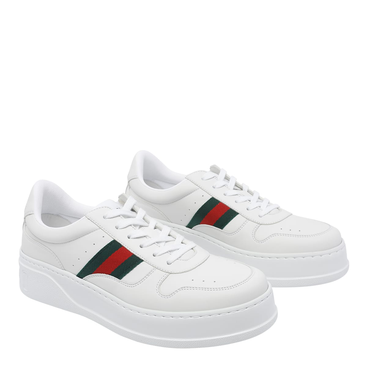 Gucci Men White Sneakers With Web Detail And Oversized Sole In Leather Man In White