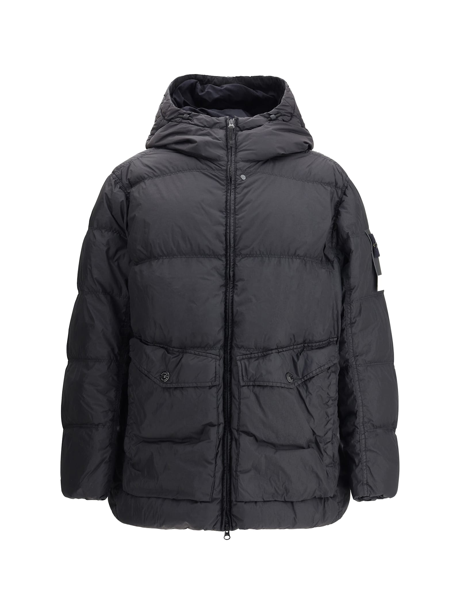 Stone Island Blue Down Jacket With Drawstring Hood And Logo Patch On The Sleeve In Tech Fabric Man In Black