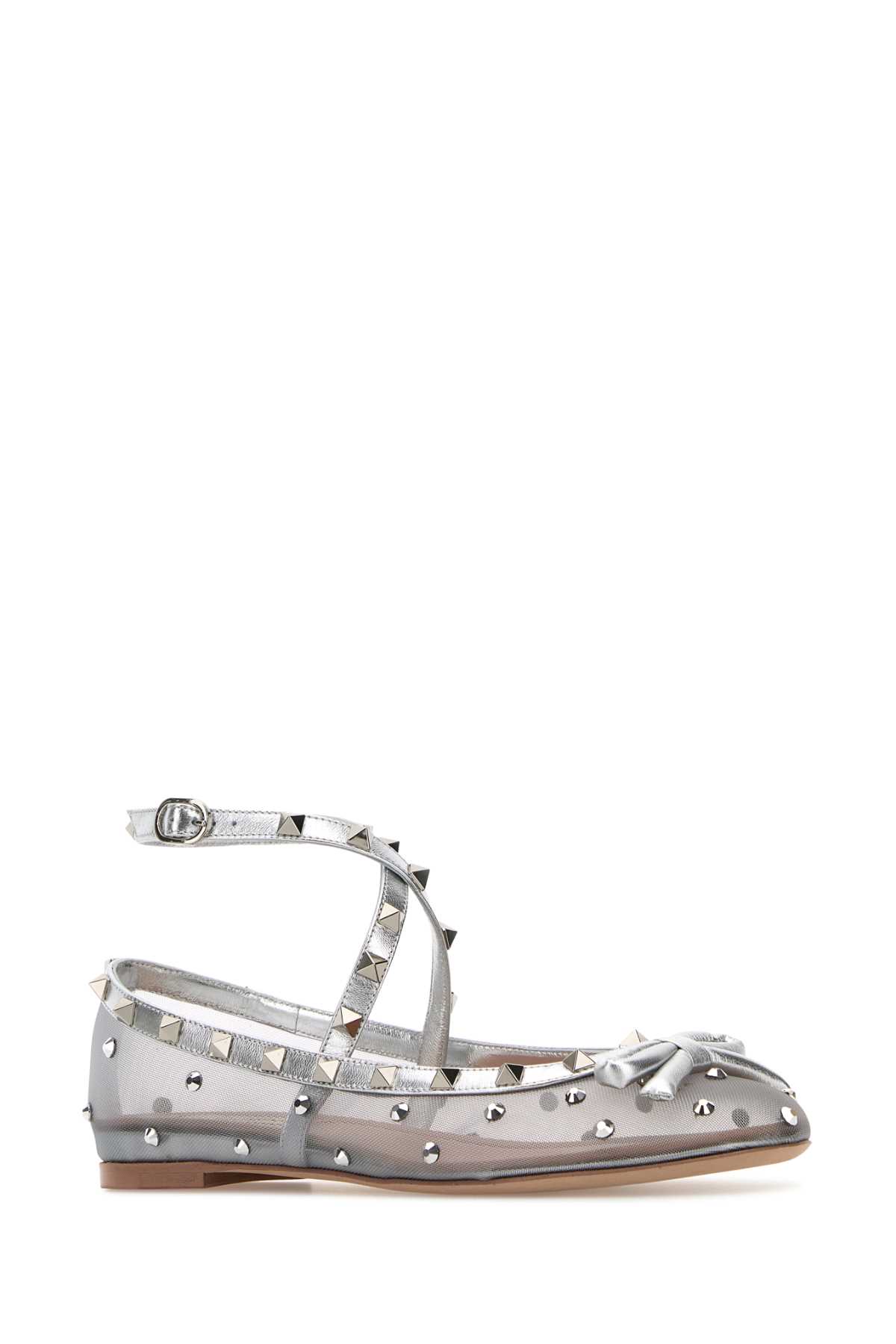 Shop Valentino Silver Mesh Rockstud Ballerinas In Pastelgreysilversilver