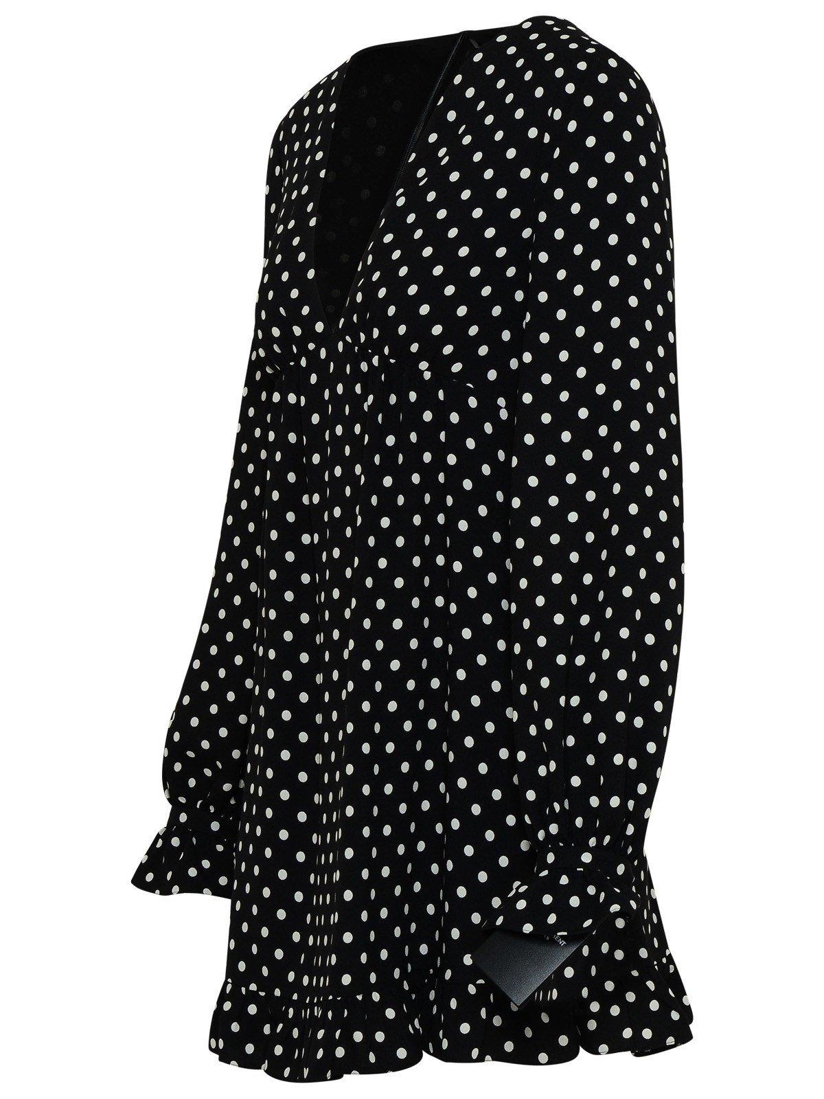 Shop Saint Laurent V-neck Polka-dot Mini Dress In Black