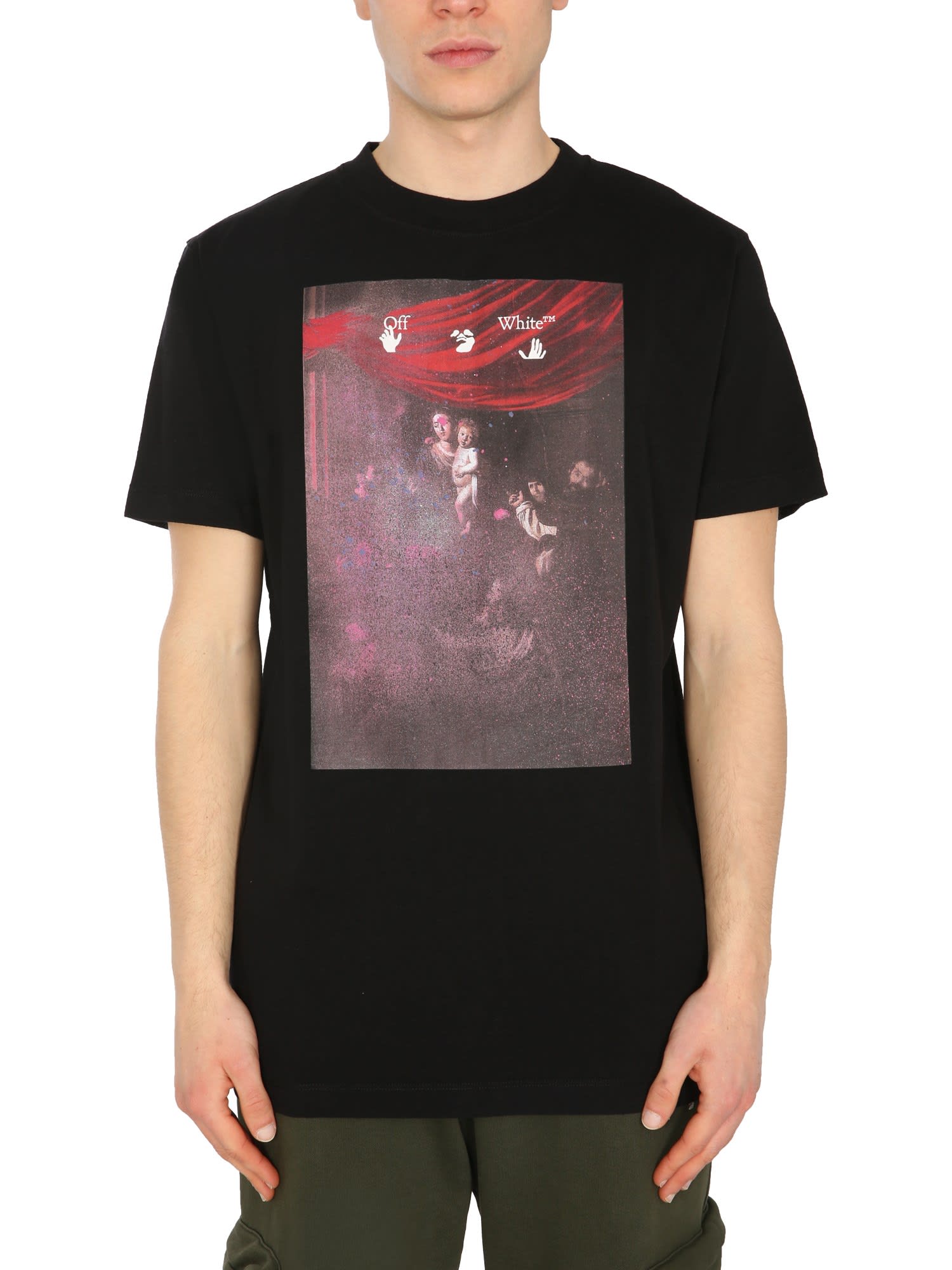 Off-white Caravaggio Spray  Cotton T-shirt  With Print In Nero