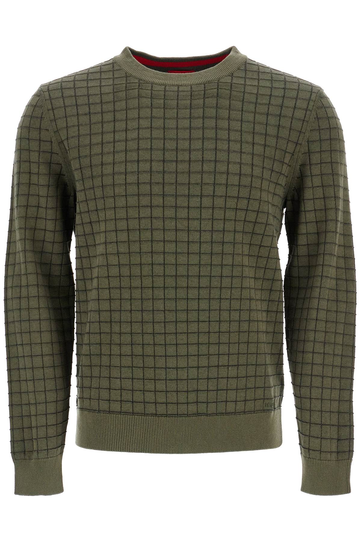 Dark Green Checkered Cotton Sweater With Long Sleeves