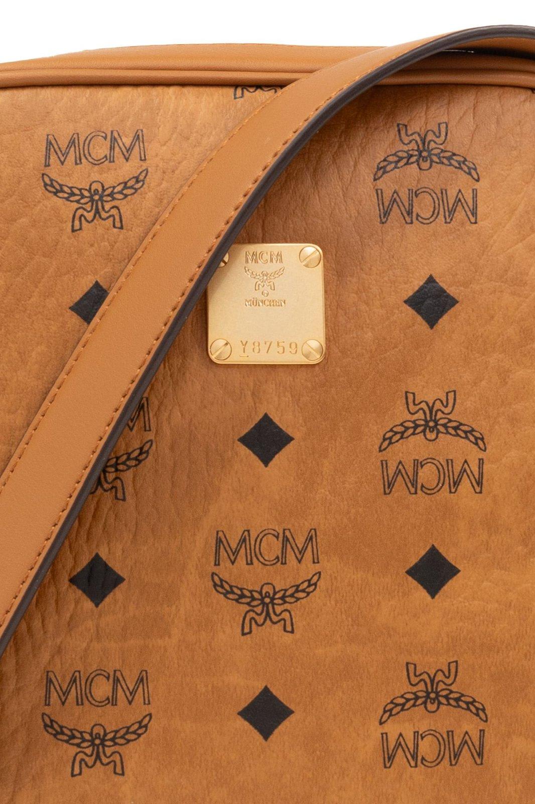 Shop Mcm Logo Plaque Crossbody Bag In Brown/black