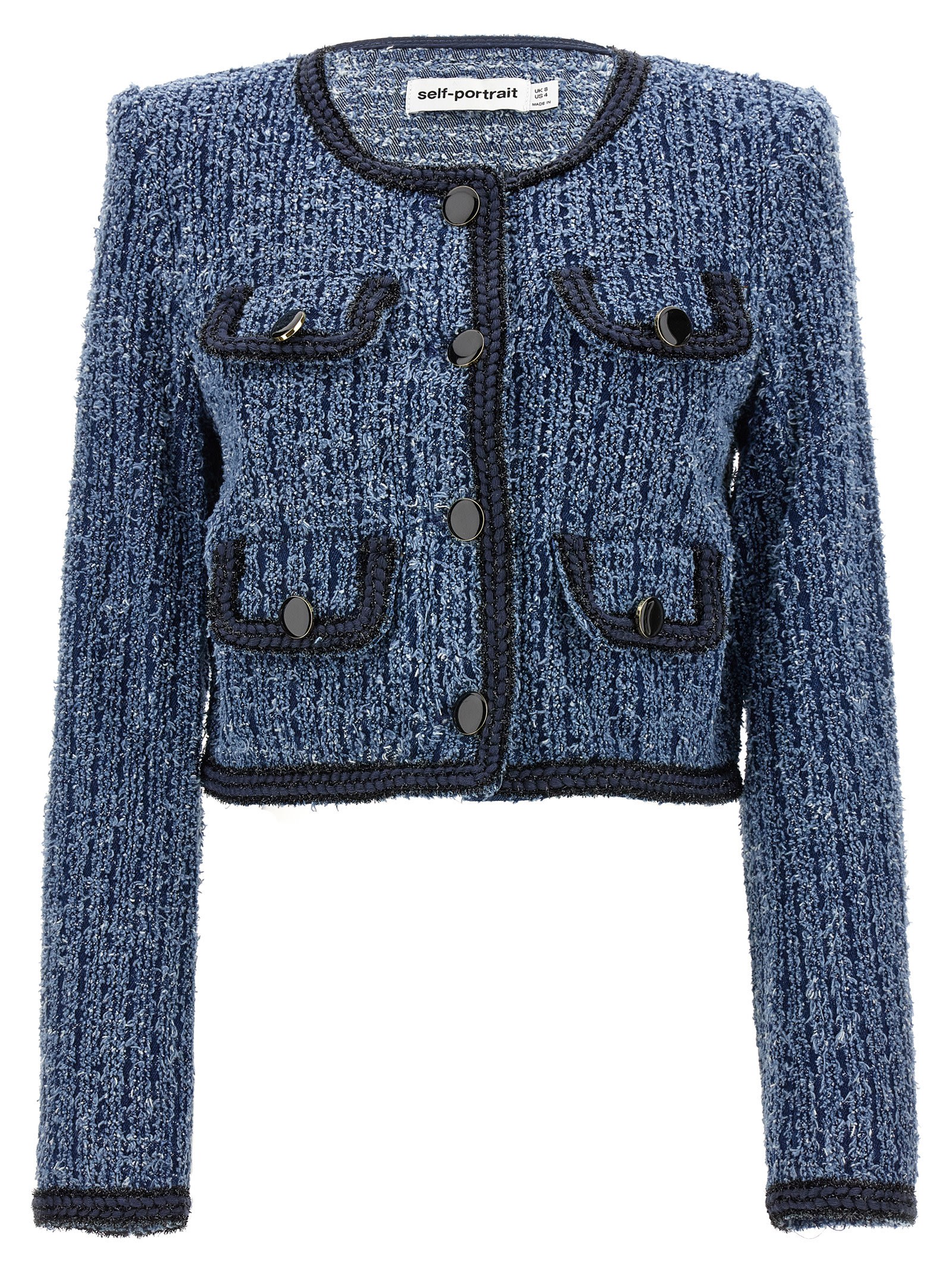 Shop Self-portrait Textured Denim Short Jacket In Blue