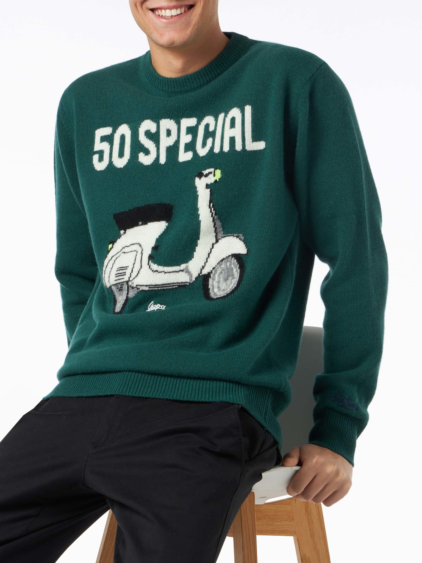 Shop Mc2 Saint Barth Man Crewneck Sweater With Vespa Jacquard Print Vespa© Special Edition In Green