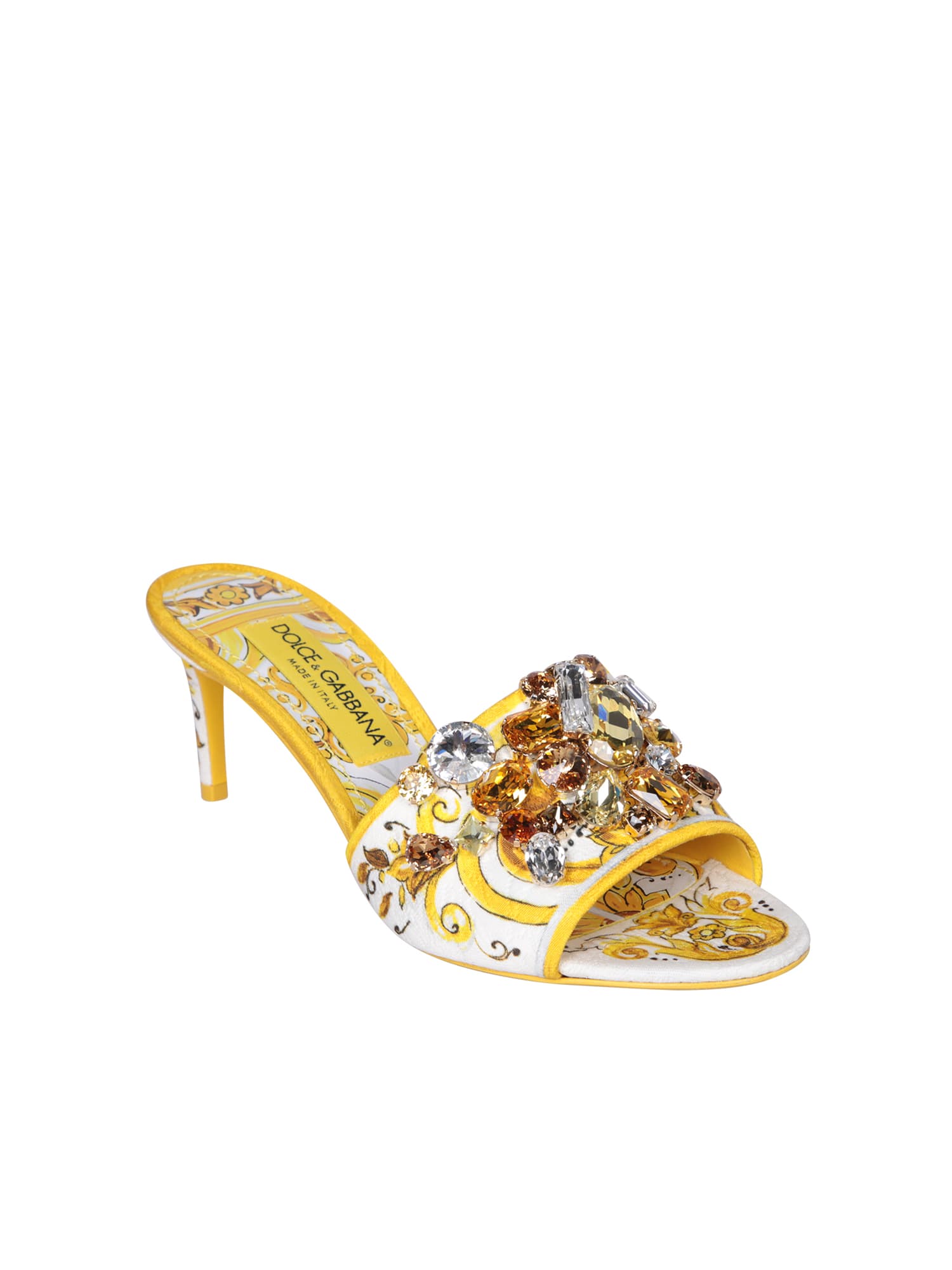 Shop Dolce & Gabbana Brocade Heel Yellow Sandals