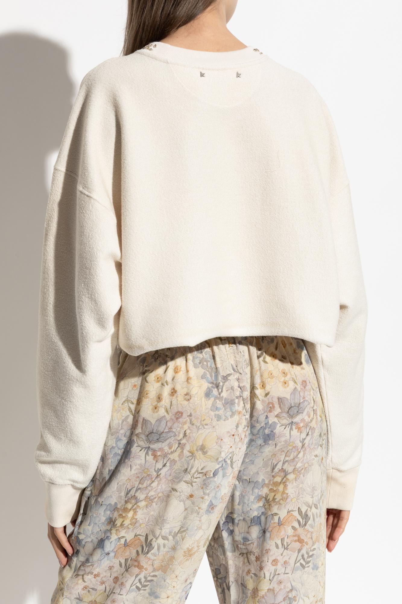 Golden Goose "journey W`s" Cropped Crew Neck Sweatshirt Overprinted Cotton Fleece Vintage Treatment In White