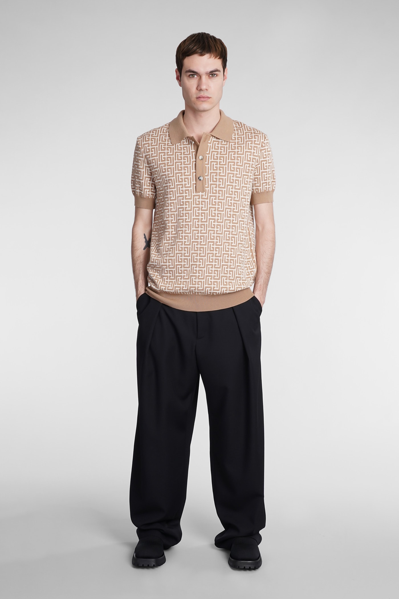 Balmain Intarsia-monogram Short-sleeved Polo Shirt In Beige