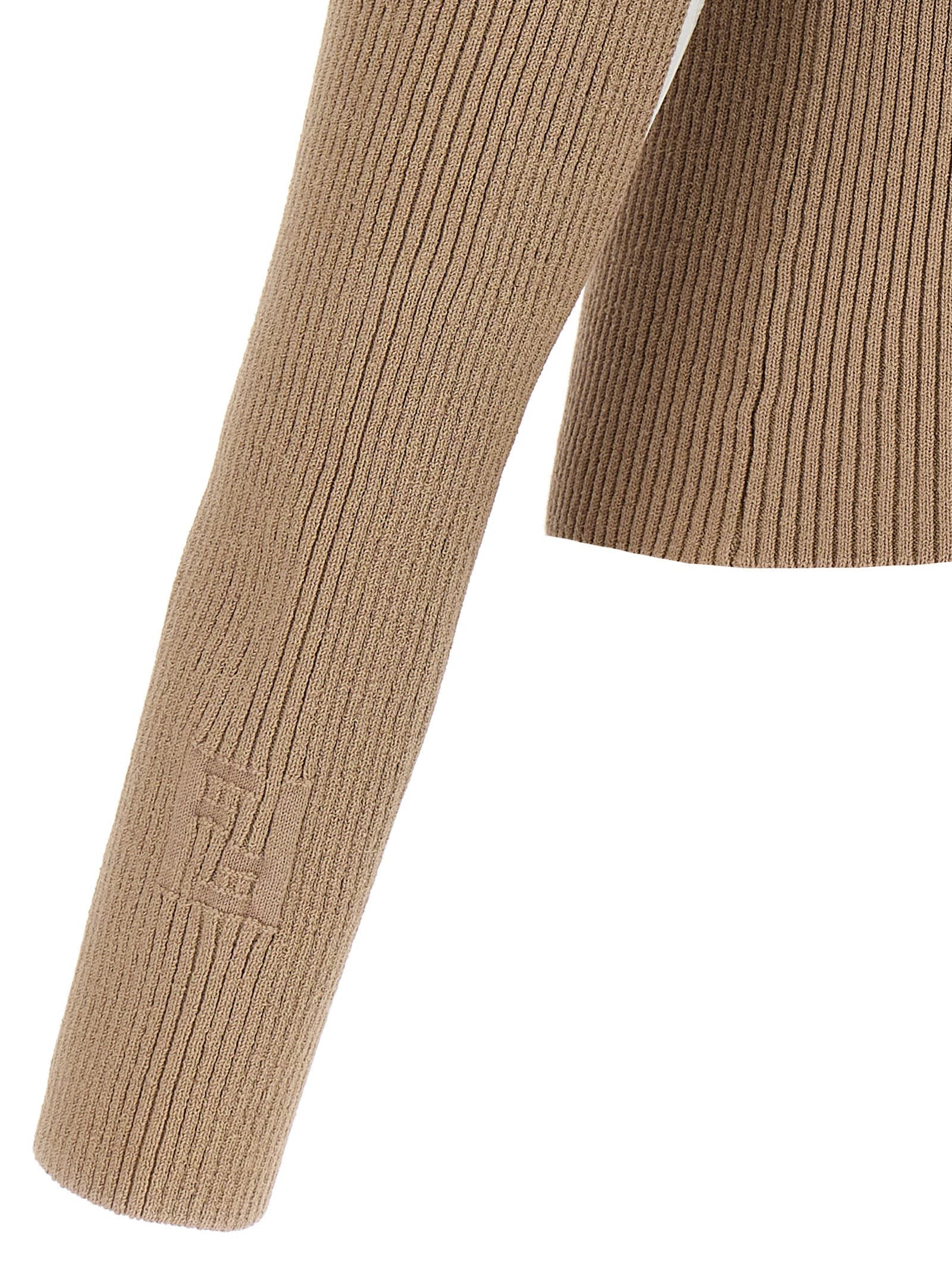 Shop Fendi Ribbed Cardigan In Beige