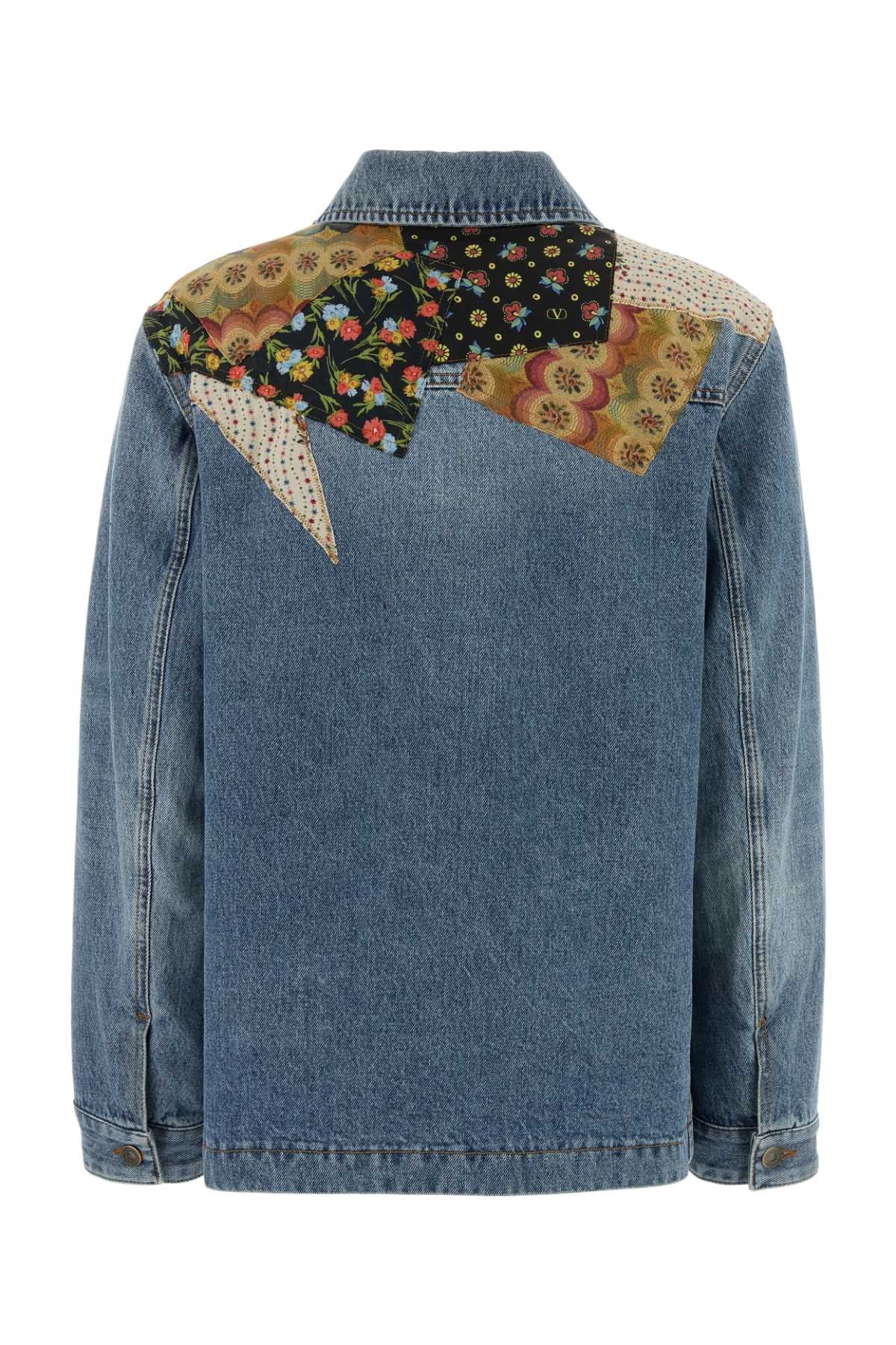 Valentino Denim Jacket Padded Collared Neck Patchwork In Blue