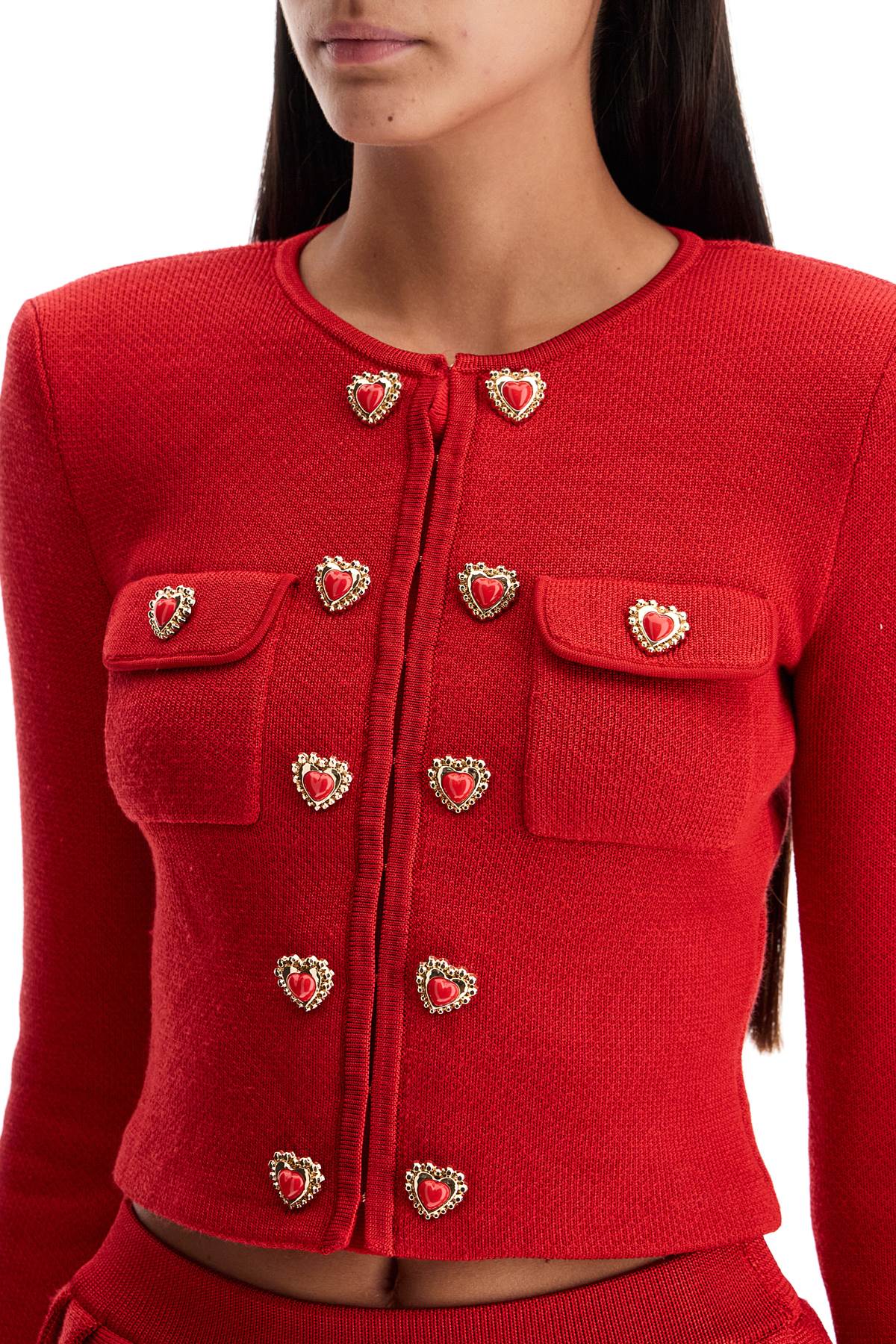 Shop Self-portrait Short Knitted Cardigan With Heart-shaped Buttons In Red (red)