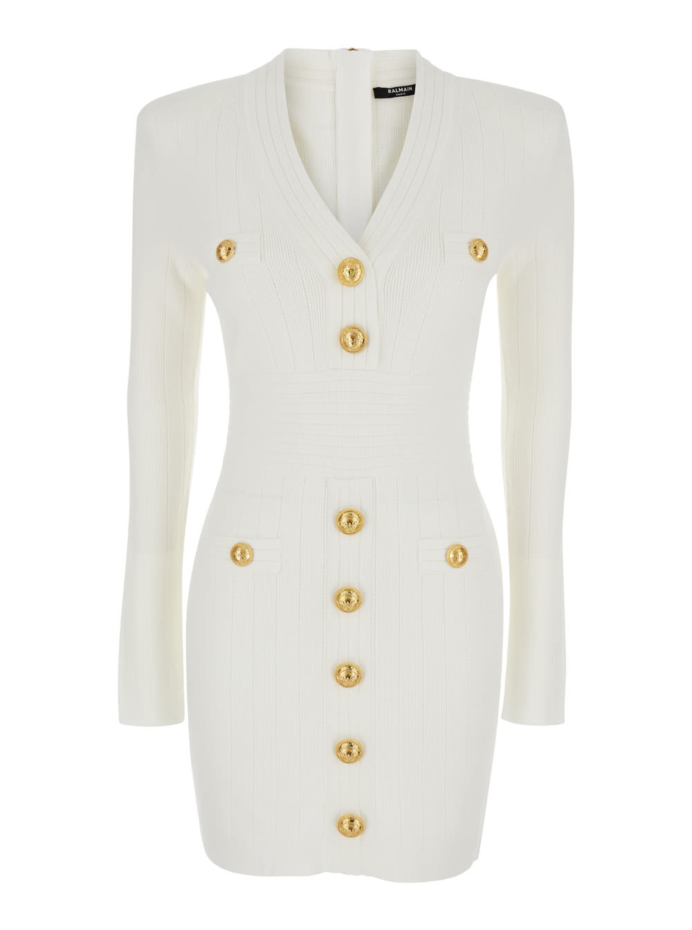 Shop Balmain Mini White Dress With Golden Buttons In Stretch Viscose Woman