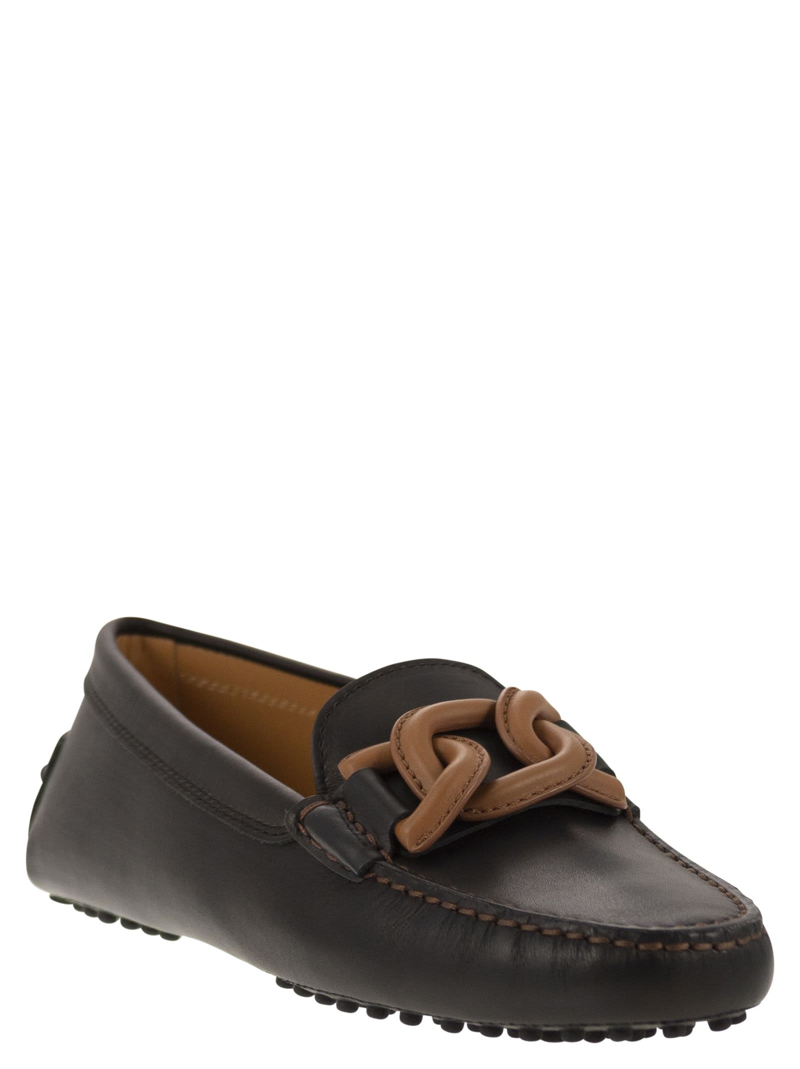 Shop Tod's Moccasin With Leather Chain In Black