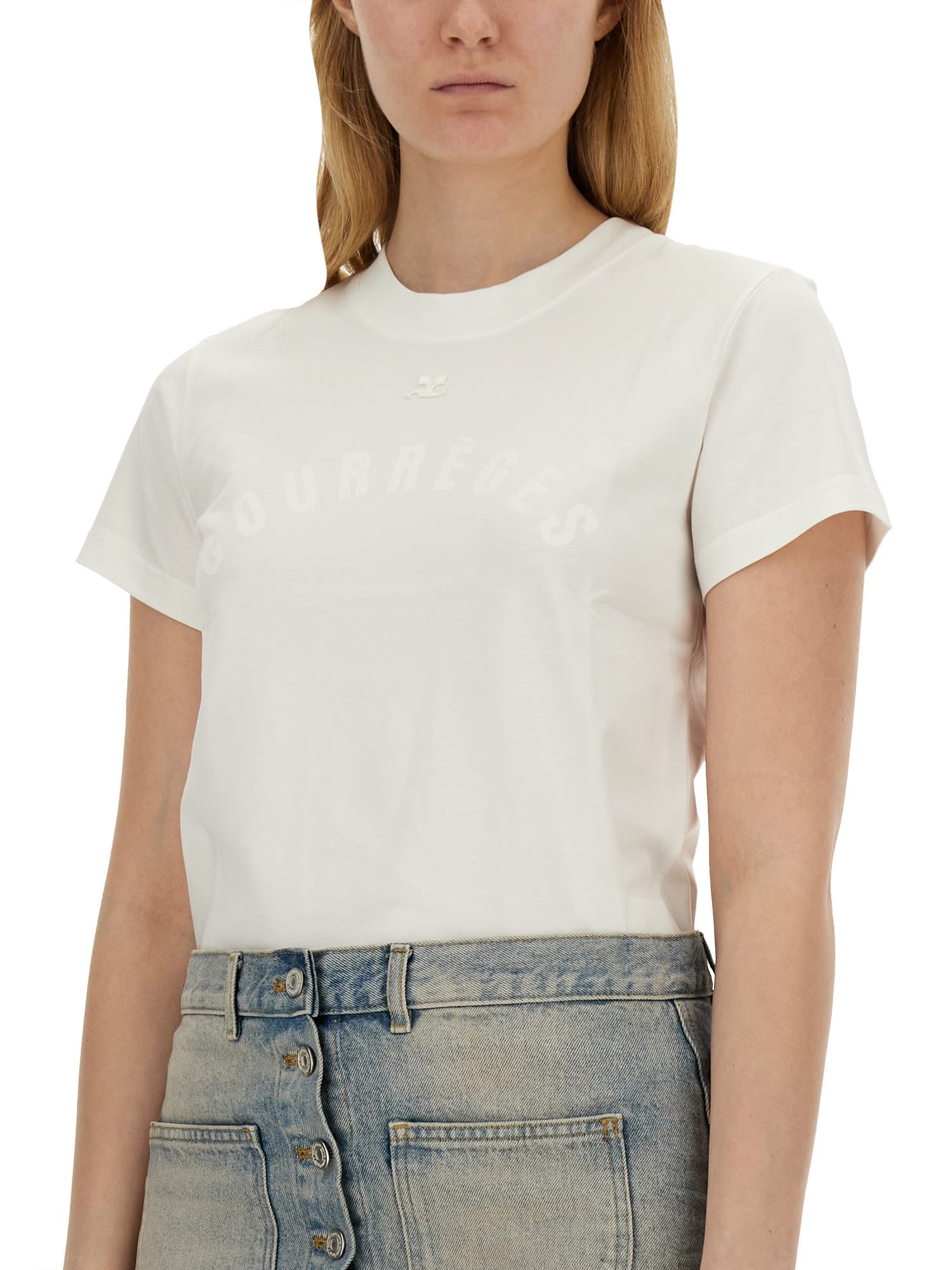 Shop Courrèges Logo Print Round Neck T-shirt In Heritage White