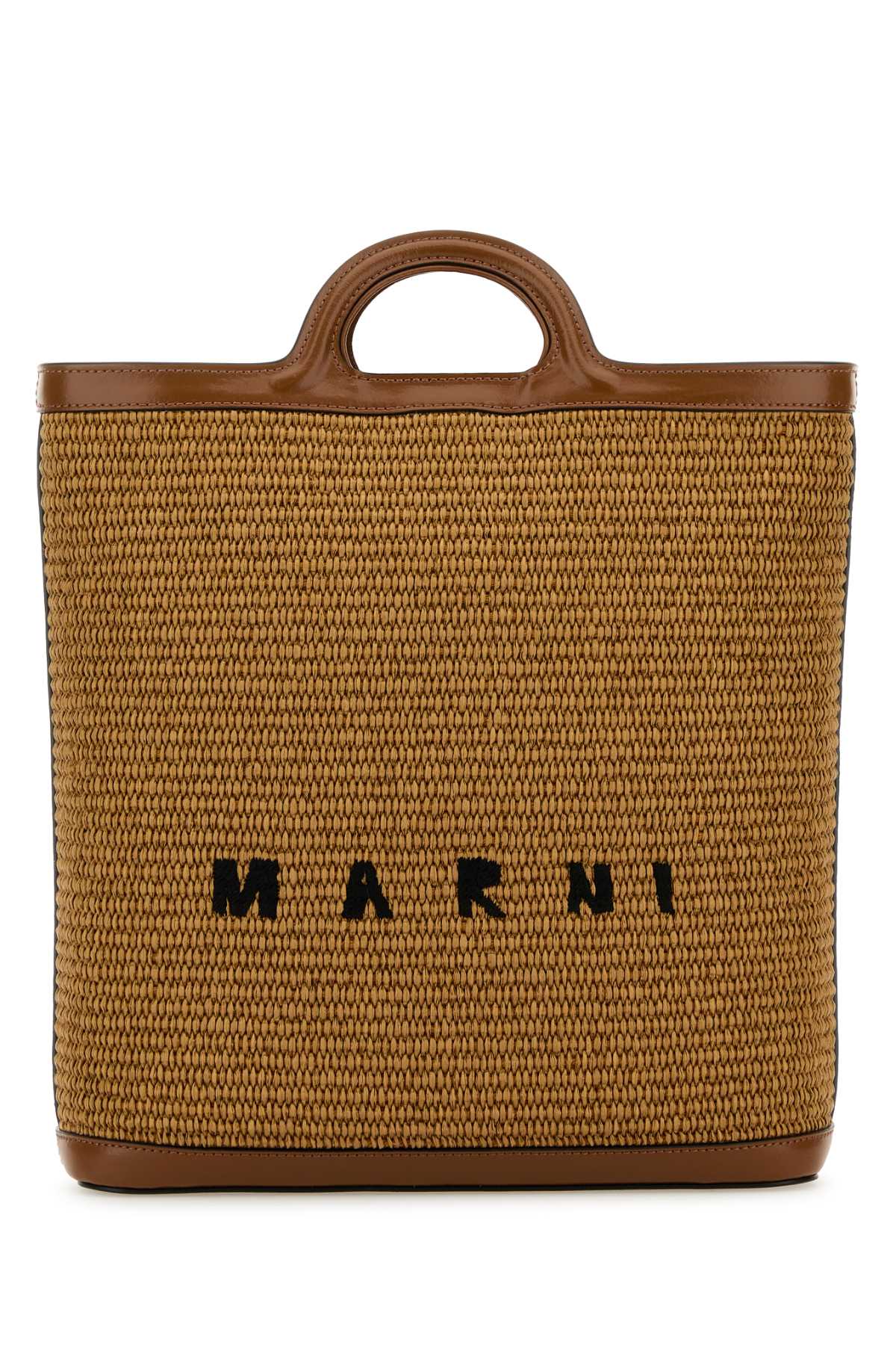 Shop Marni Two-tone Raffia And Leather Tropicalia Bucket Bag In Rawsienna