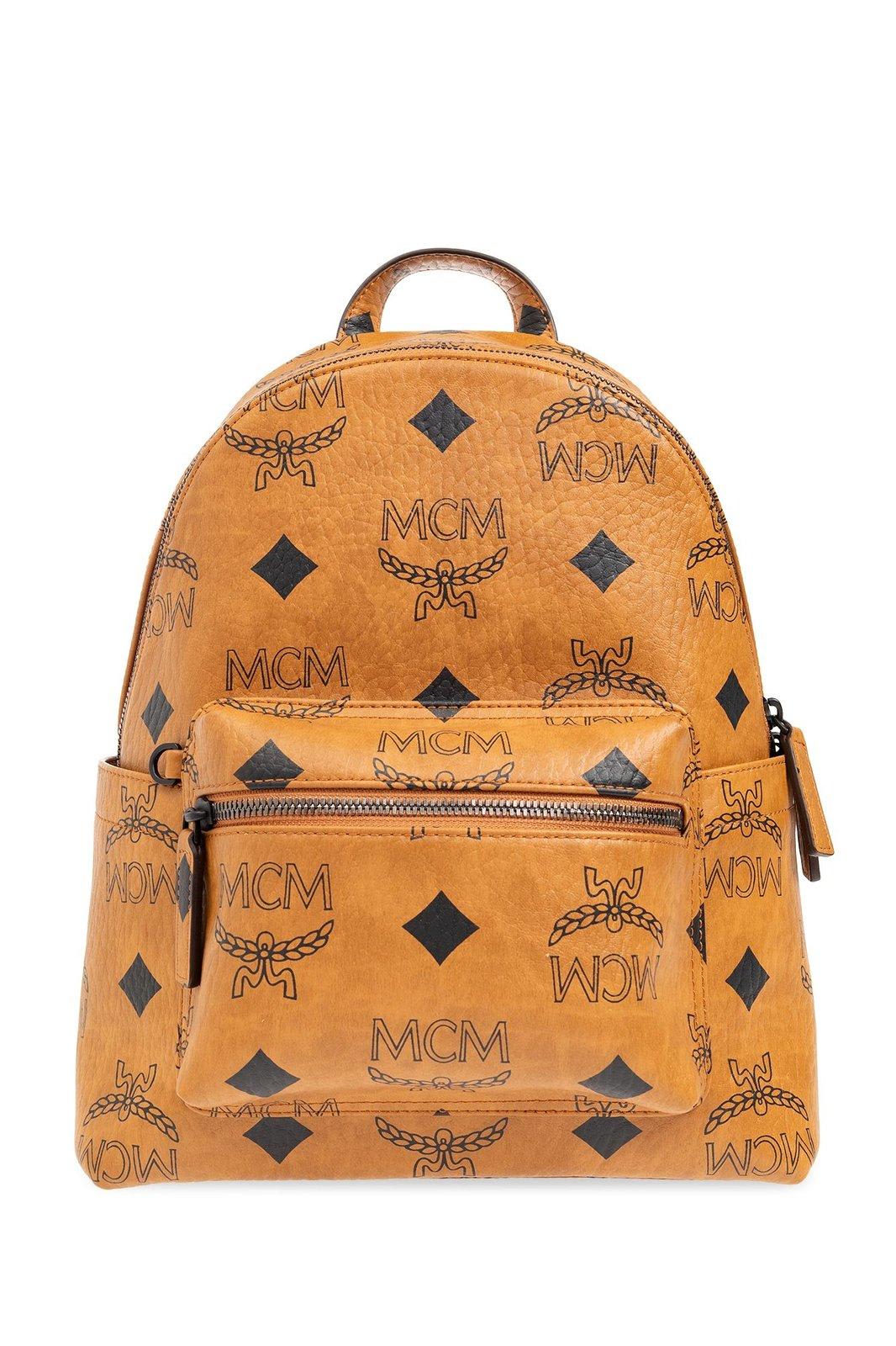 Shop Mcm All-over Logo Printed Zipped Backpack In Brown/black