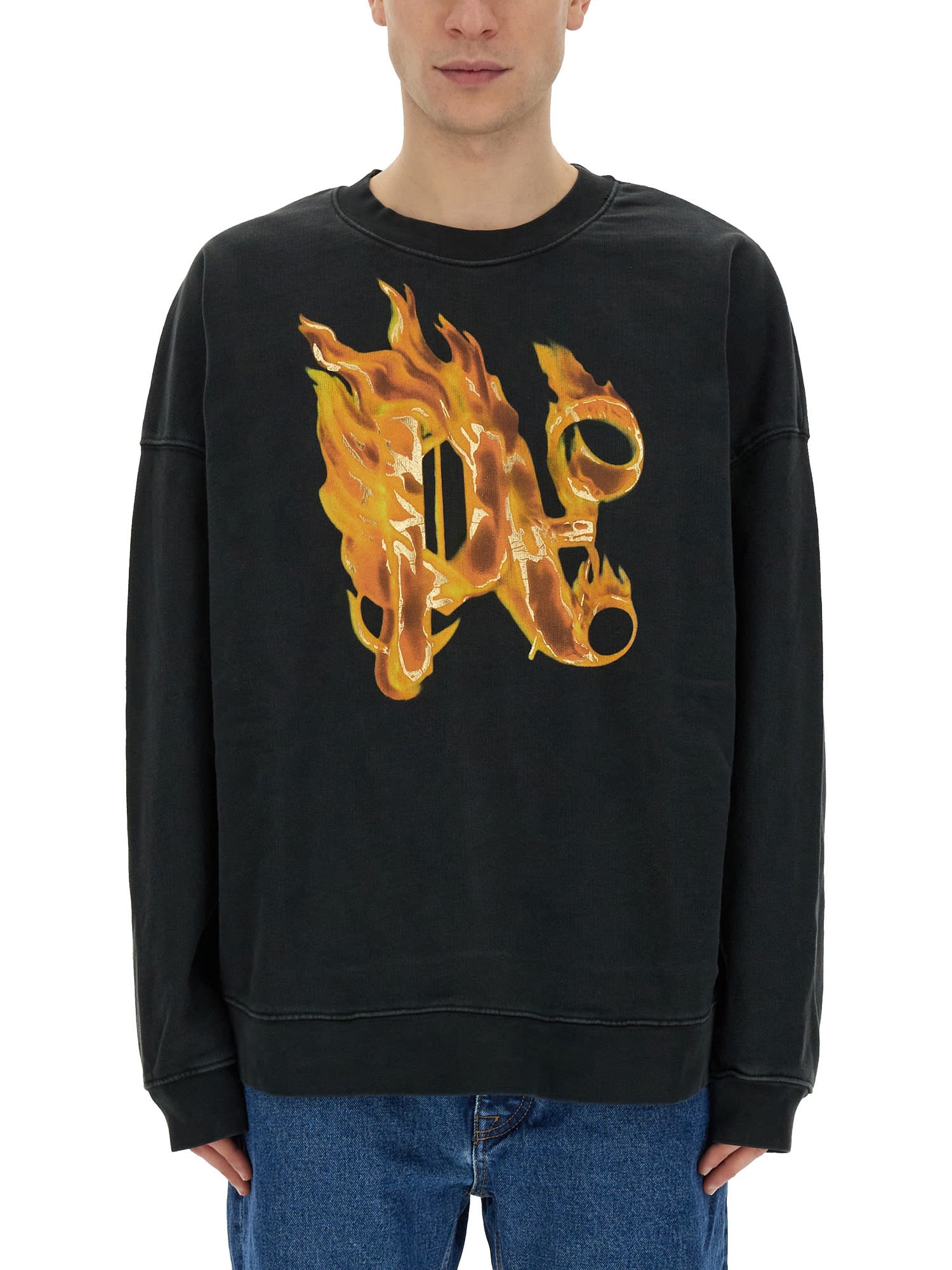 Shop Palm Angels Burning Monogram Print Sweatshirt In Black/gold
