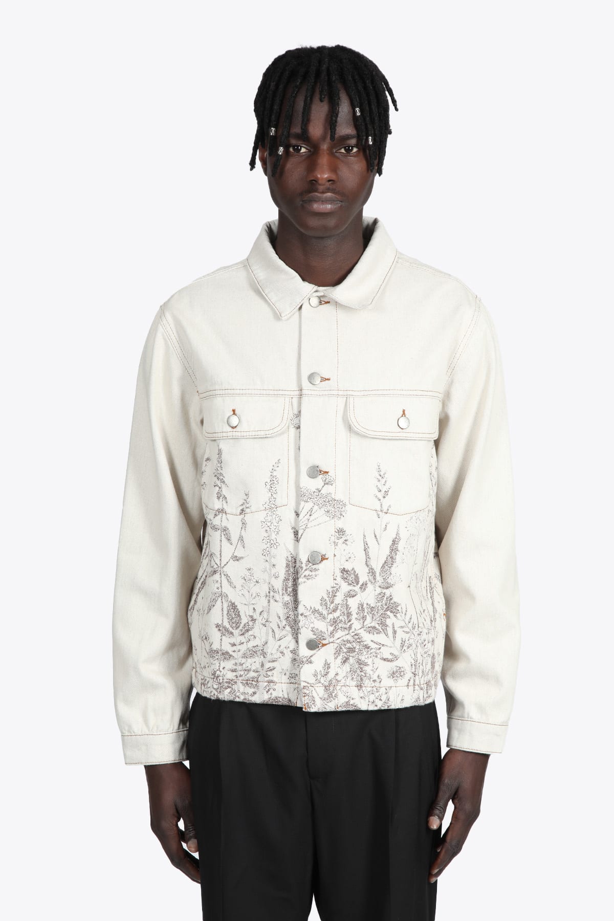 CMMN SWDN Ringo Boxy Fit Denim Jacket In Jacquard Denim Ecru denim jacket with floral jacquard motif - Ringo