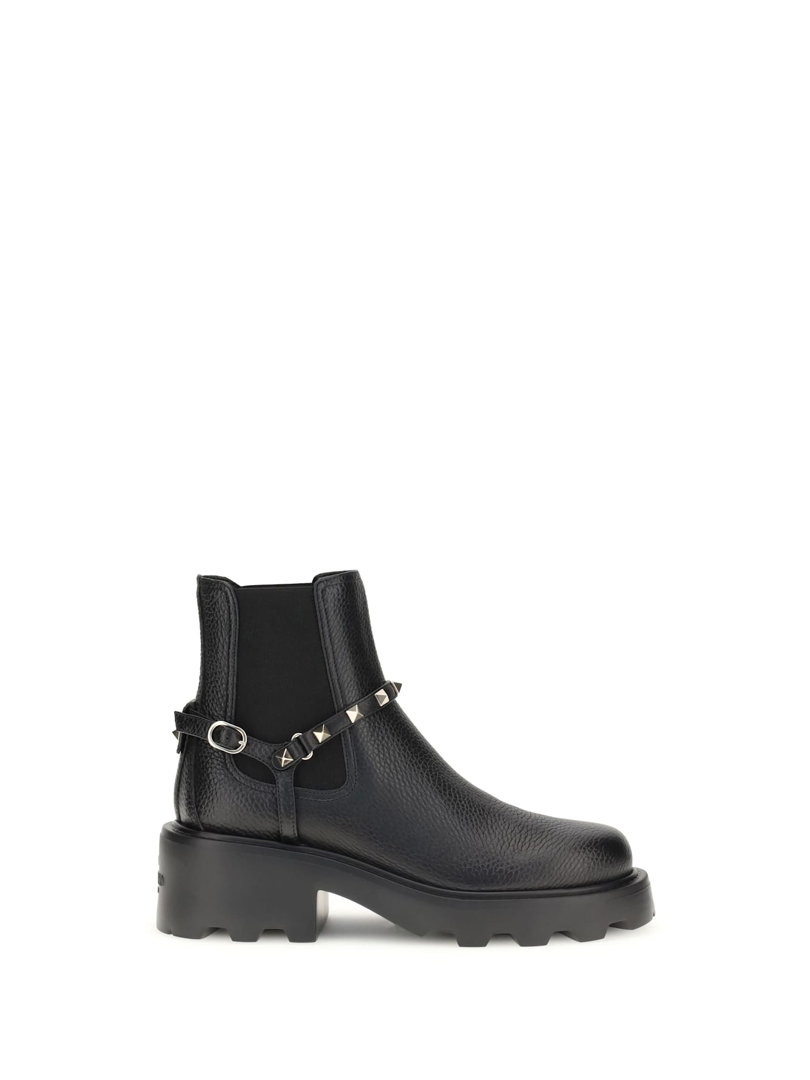Valentino Rockstud Grainy Leather Boot In Black