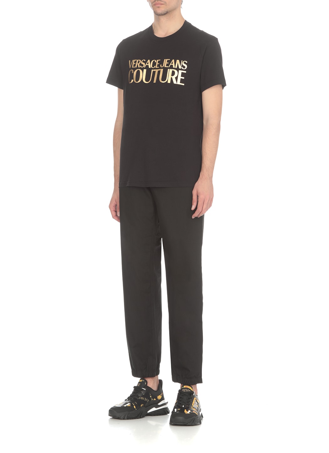 Versace Jeans Couture Cotton T-shirt With Metallic Gold Logo In Black